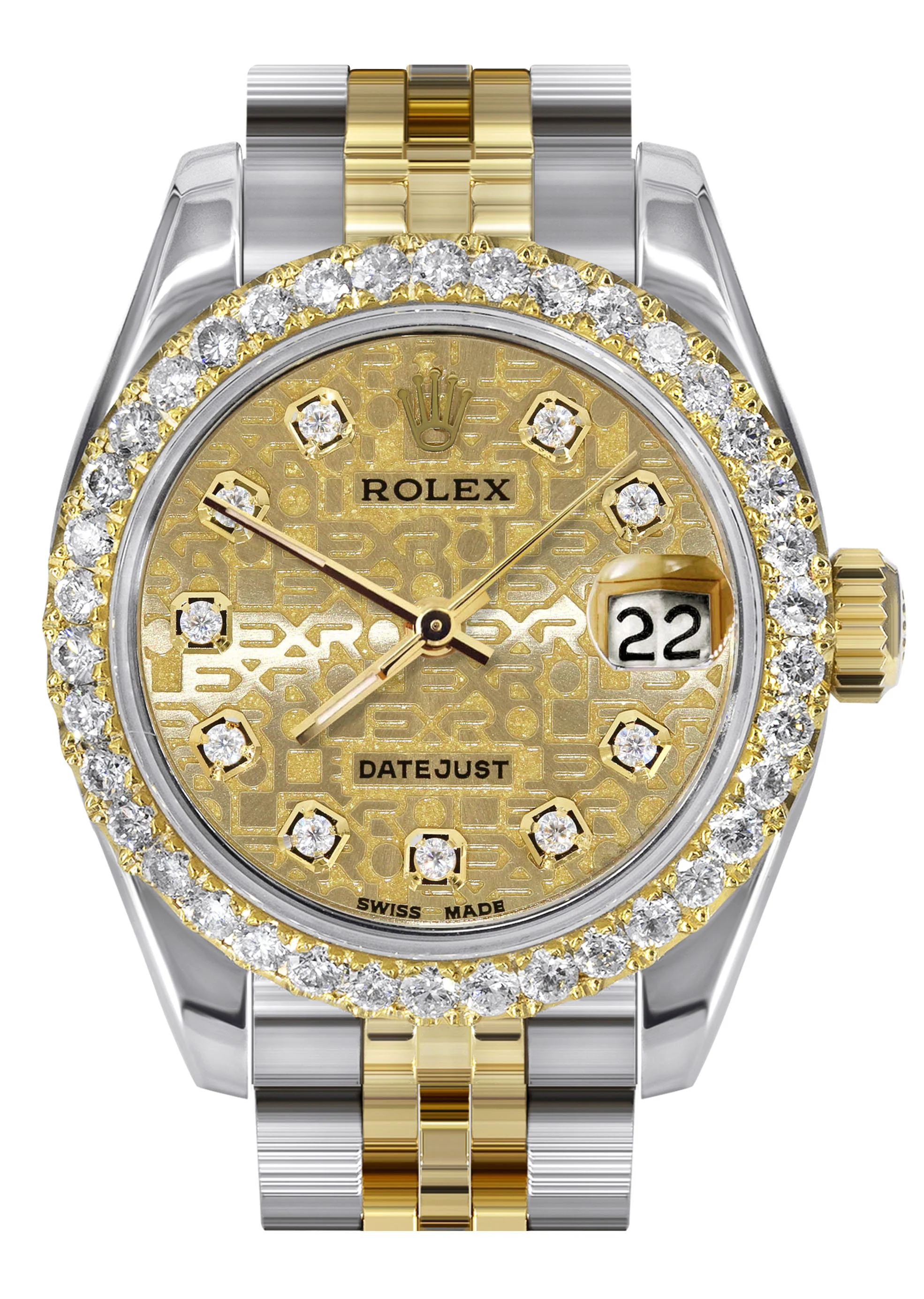 Womens Diamond Gold Hidden Clasp Rolex Watch | 1 Carat Bezel | 26Mm | Texture Gold Dial | Jubilee Band | Model 179173