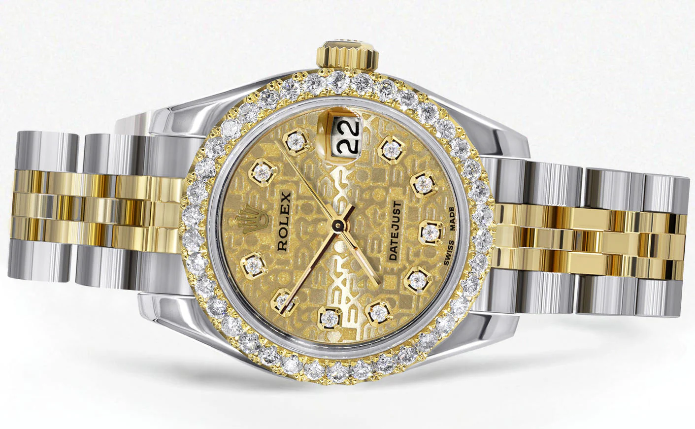 Womens Diamond Gold Hidden Clasp Rolex Watch | 1 Carat Bezel | 26Mm | Texture Gold Dial | Jubilee Band | Model 179173 - Image 2