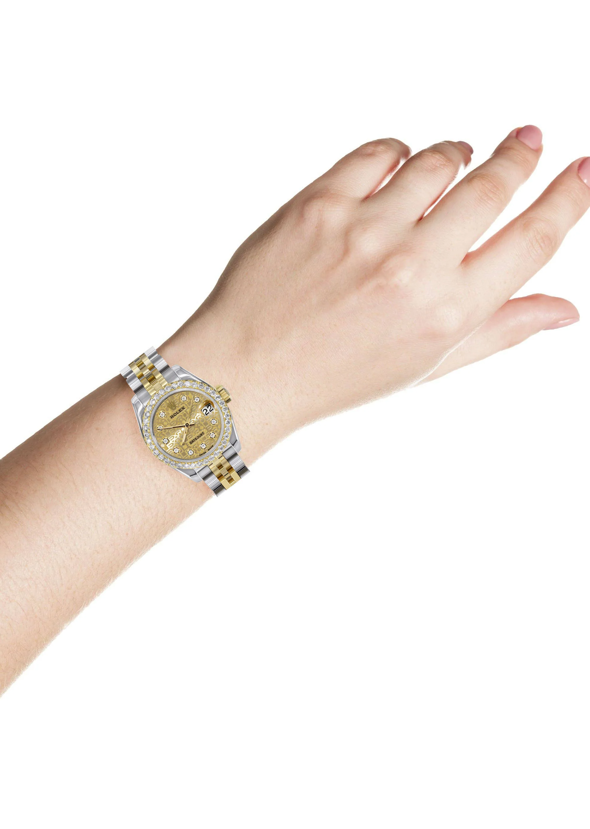 Womens Diamond Gold Hidden Clasp Rolex Watch | 1 Carat Bezel | 26Mm | Texture Gold Dial | Jubilee Band | Model 179173 - Image 3