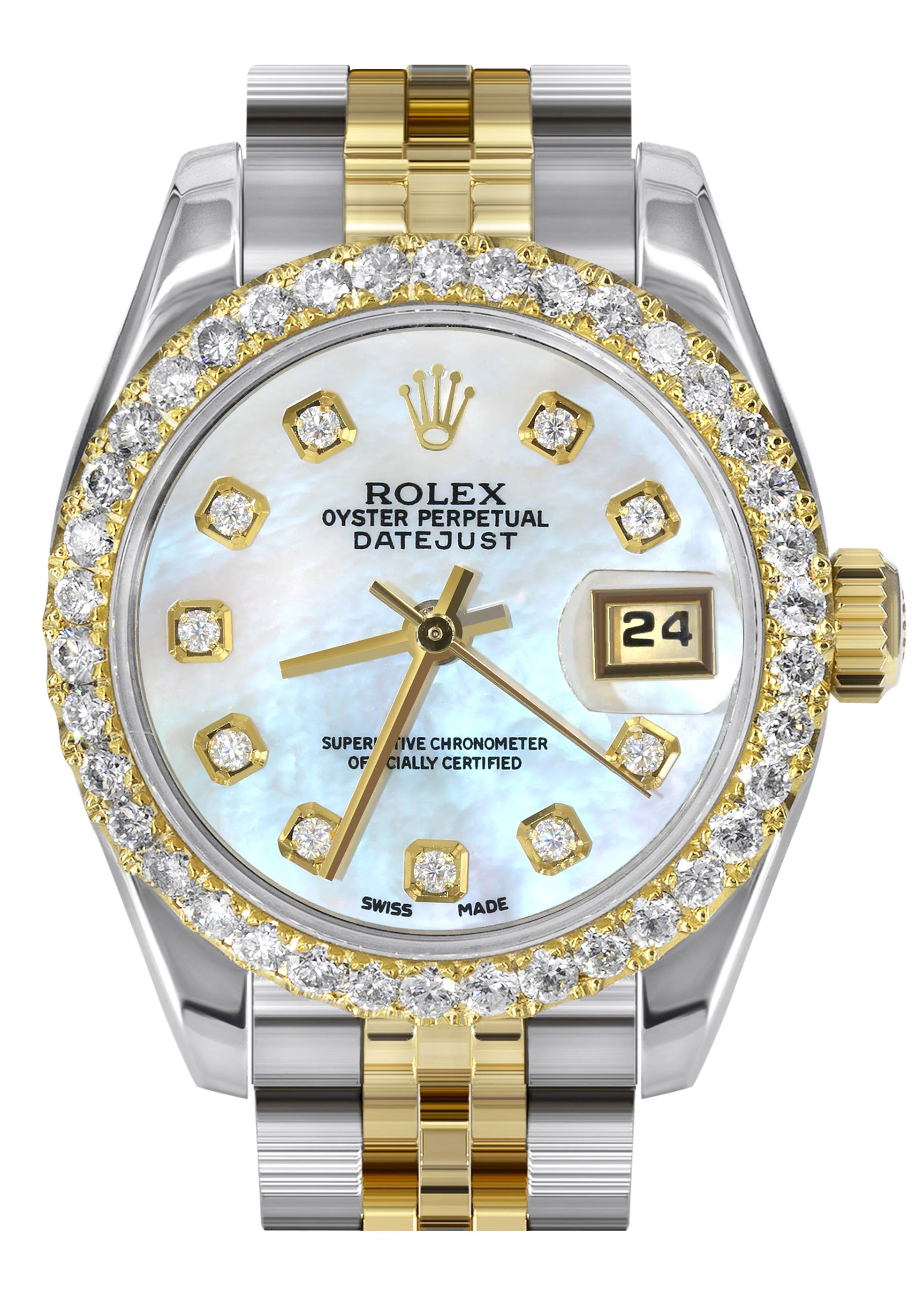 Womens Diamond Gold Hidden Clasp Rolex Watch | 1 Carat Bezel | 26Mm | Light Blue Mother of Pearl Dial | Jubilee Band | Model 179173