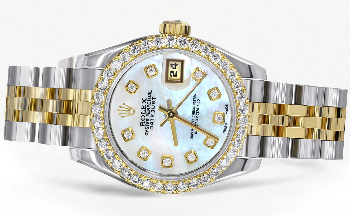 Womens Diamond Gold Hidden Clasp Rolex Watch | 1 Carat Bezel | 26Mm | Light Blue Mother of Pearl Dial | Jubilee Band | Model 179173 - Image 2
