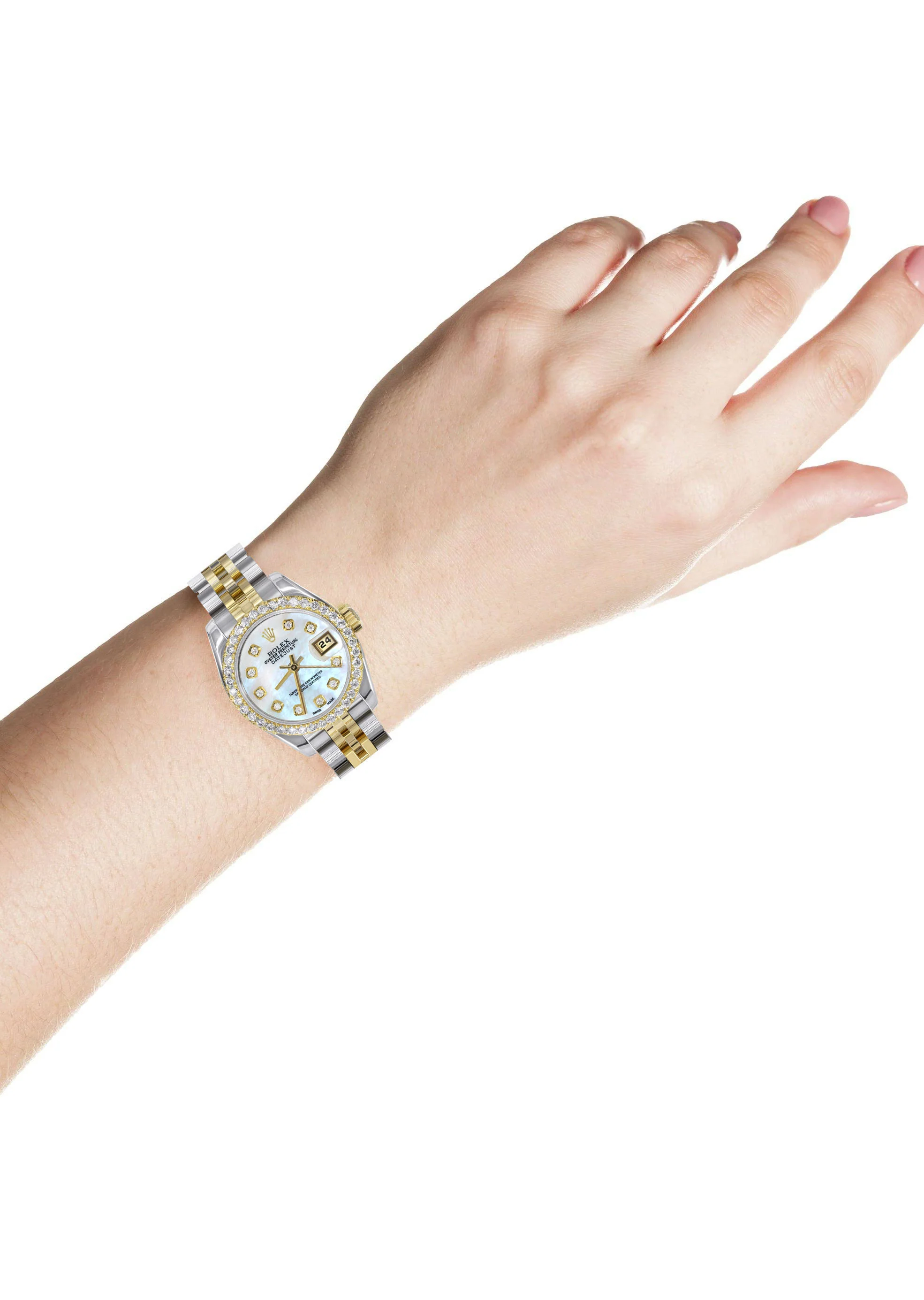Womens Diamond Gold Hidden Clasp Rolex Watch | 1 Carat Bezel | 26Mm | Light Blue Mother of Pearl Dial | Jubilee Band | Model 179173 - Image 3