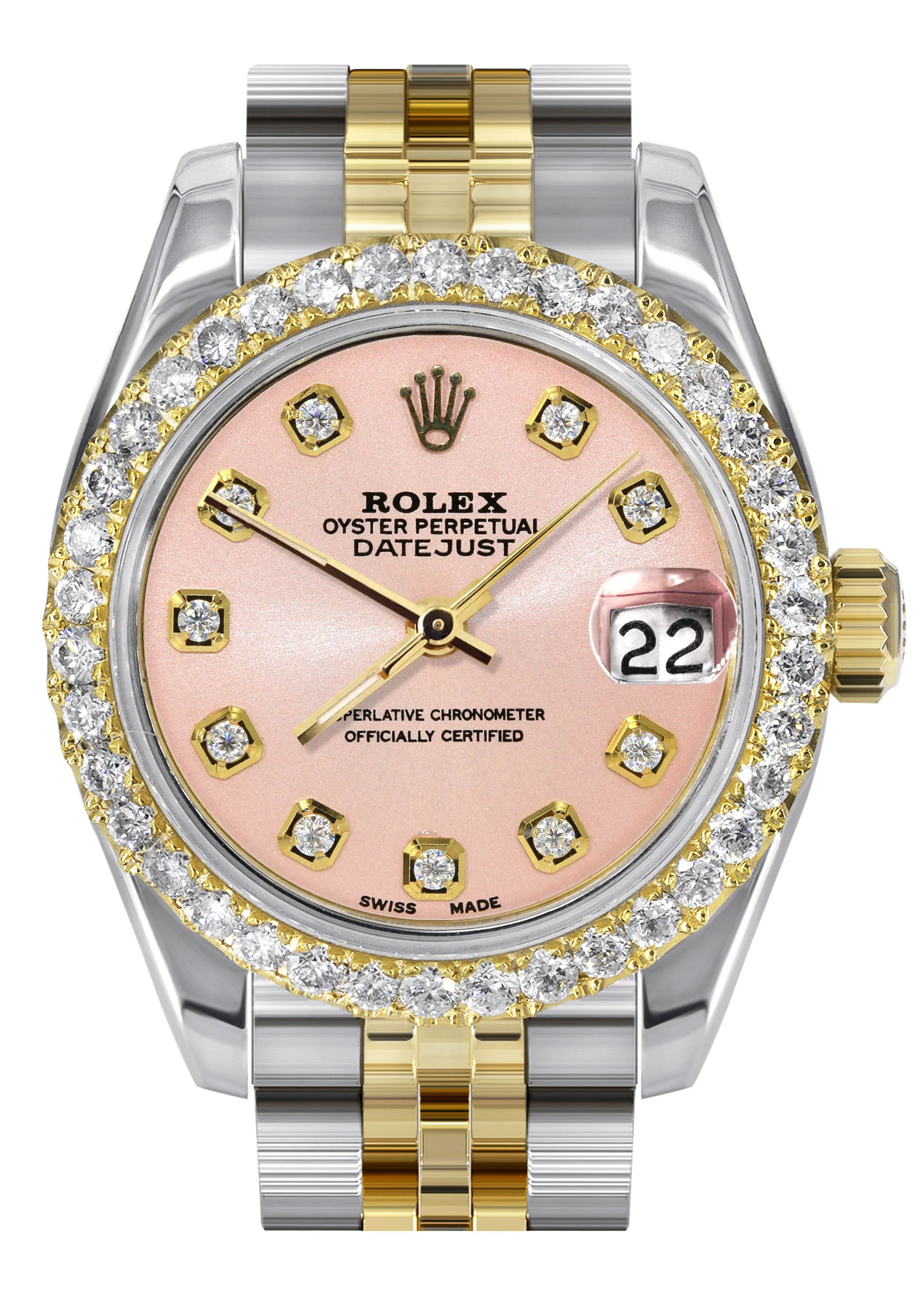 Womens Diamond Gold Hidden Clasp Rolex Watch | 1 Carat Bezel | 26Mm | Pink Dial | Jubilee Band | Model 179173
