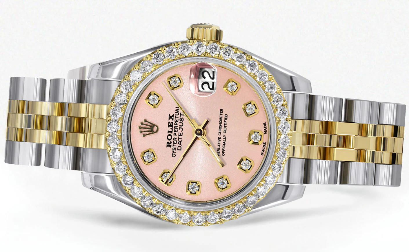 Womens Diamond Gold Hidden Clasp Rolex Watch | 1 Carat Bezel | 26Mm | Pink Dial | Jubilee Band | Model 179173 - Image 2