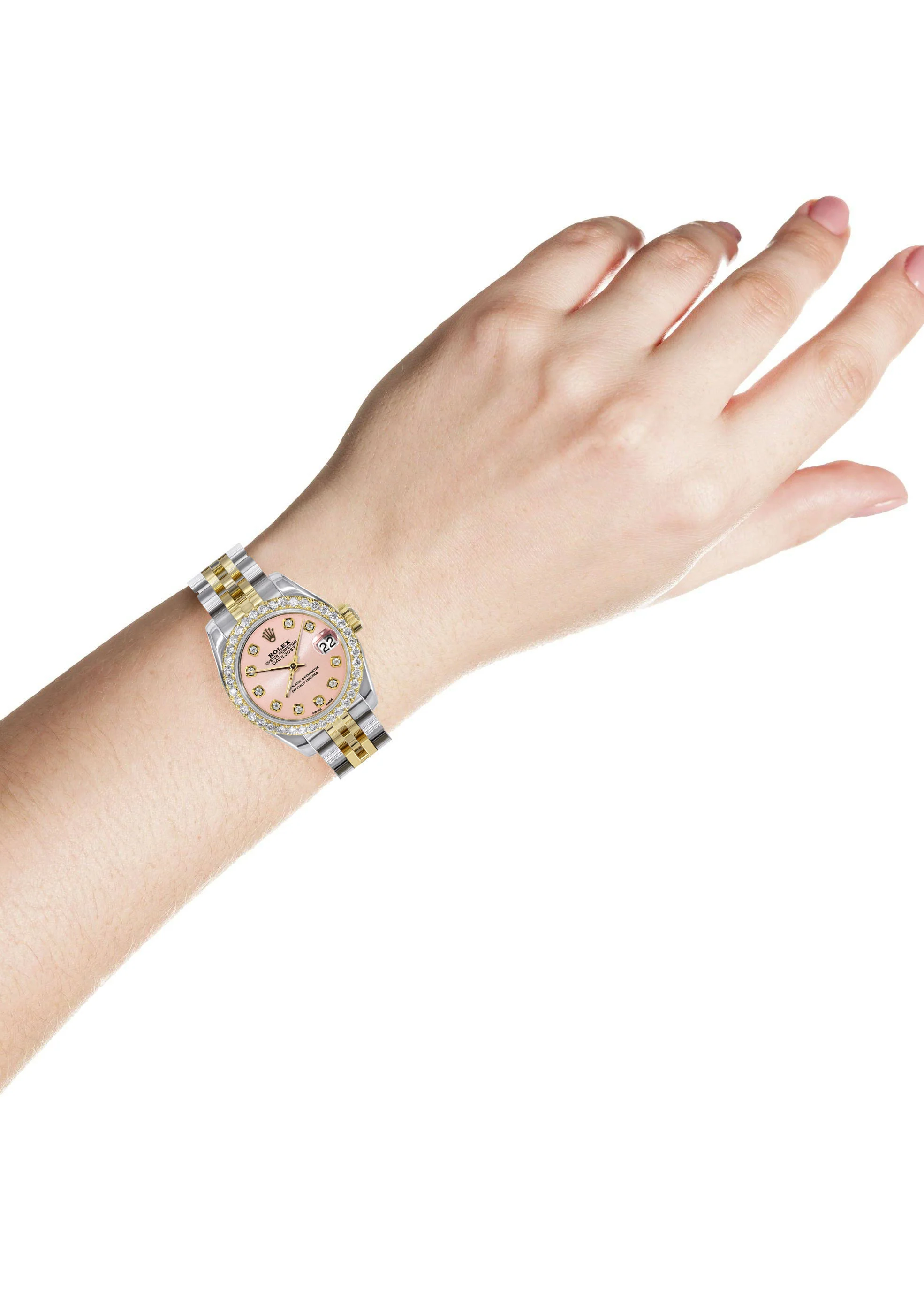 Womens Diamond Gold Hidden Clasp Rolex Watch | 1 Carat Bezel | 26Mm | Pink Dial | Jubilee Band | Model 179173 - Image 3