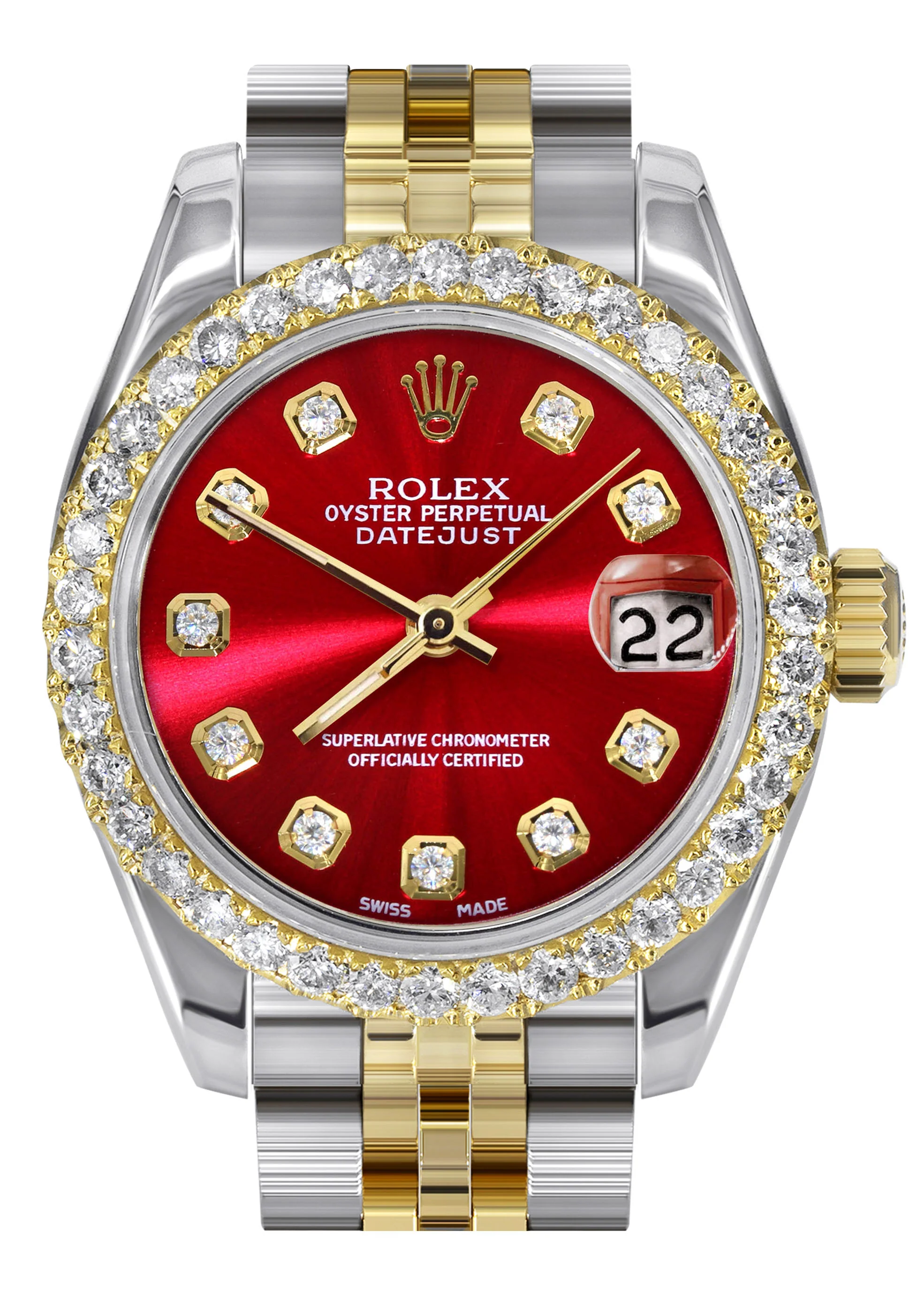 Womens Diamond Gold Hidden Clasp Rolex Watch | 1 Carat Bezel | 26Mm | Red Dial | Jubilee Band | Model 179173