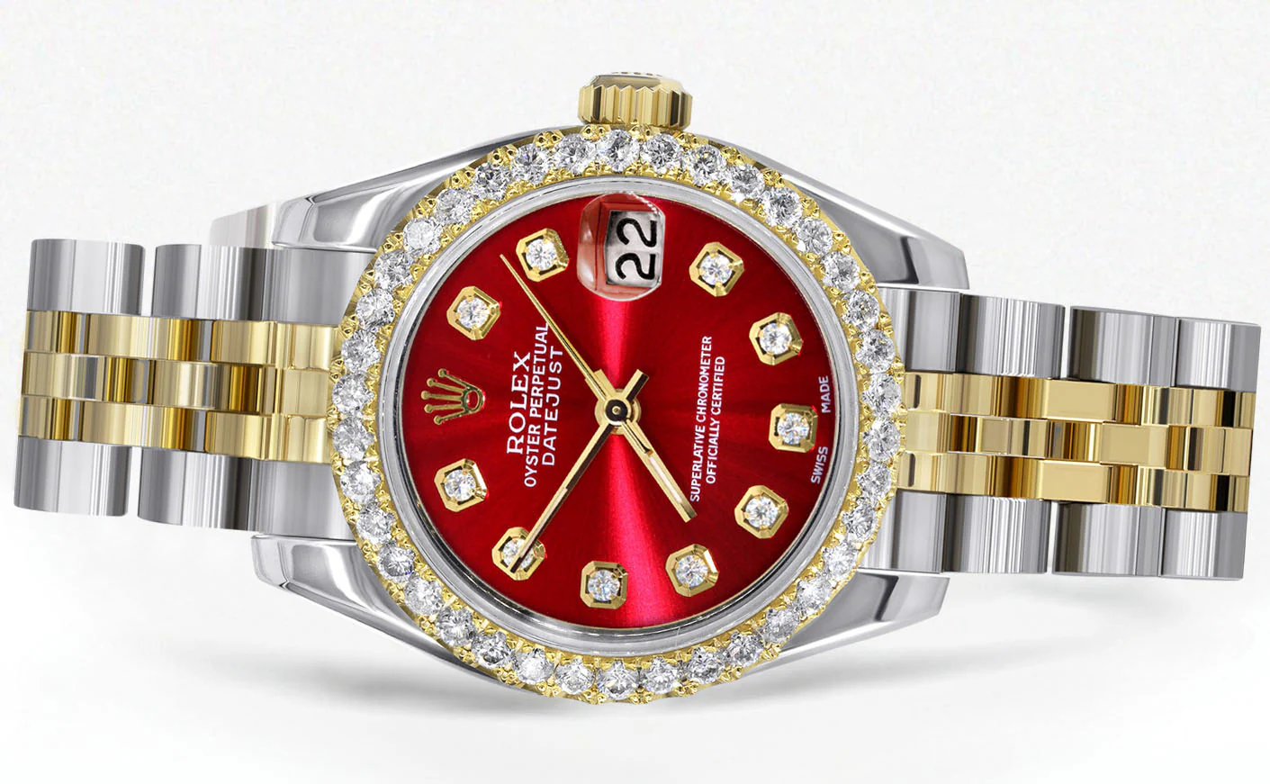 Womens Diamond Gold Hidden Clasp Rolex Watch | 1 Carat Bezel | 26Mm | Red Dial | Jubilee Band | Model 179173 - Image 2