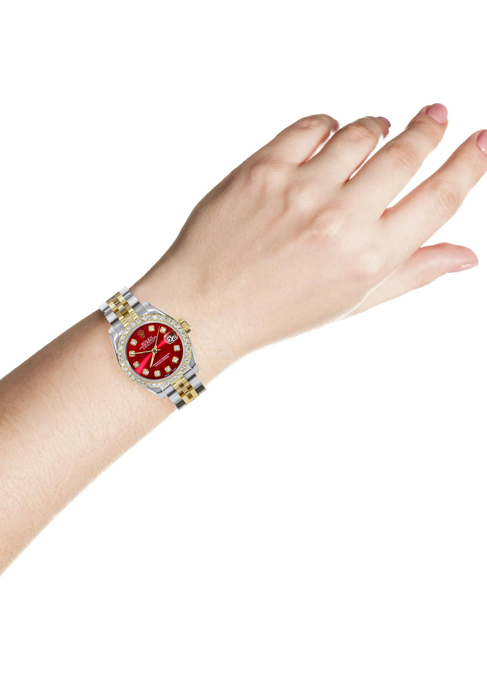 Womens Diamond Gold Hidden Clasp Rolex Watch | 1 Carat Bezel | 26Mm | Red Dial | Jubilee Band | Model 179173 - Image 3