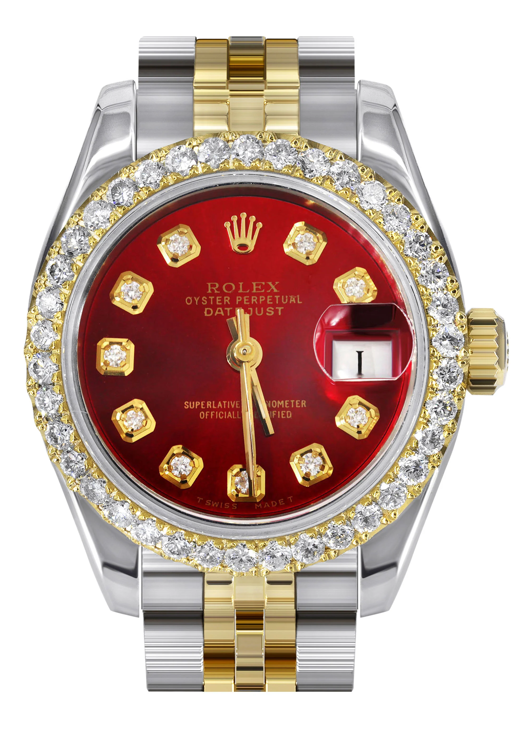 Womens Diamond Gold Hidden Clasp Rolex Watch | 1 Carat Bezel | 26Mm | Red Dial | Jubilee Band | Model 179173