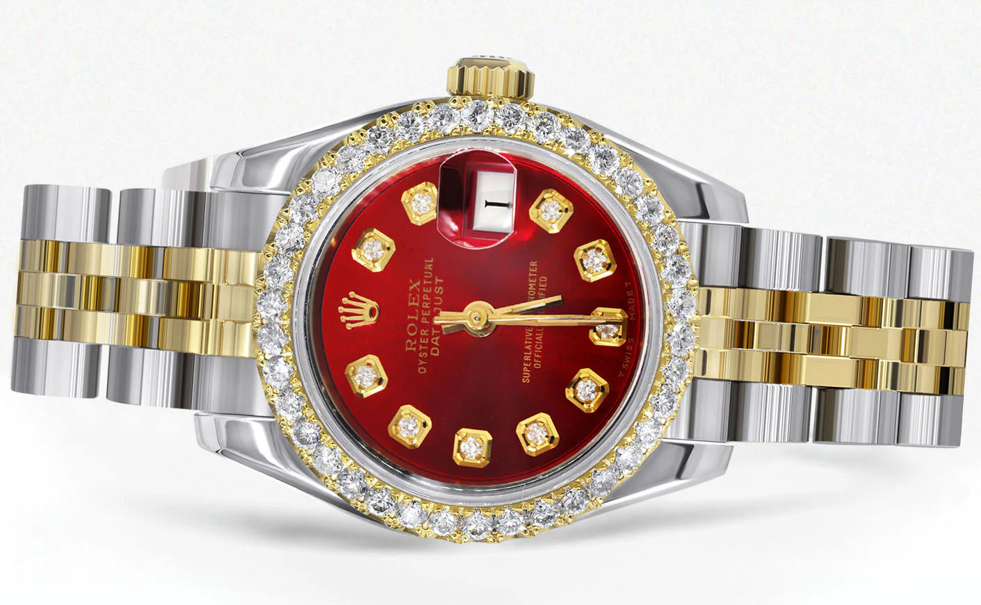 Womens Diamond Gold Hidden Clasp Rolex Watch | 1 Carat Bezel | 26Mm | Red Dial | Jubilee Band | Model 179173 - Image 2