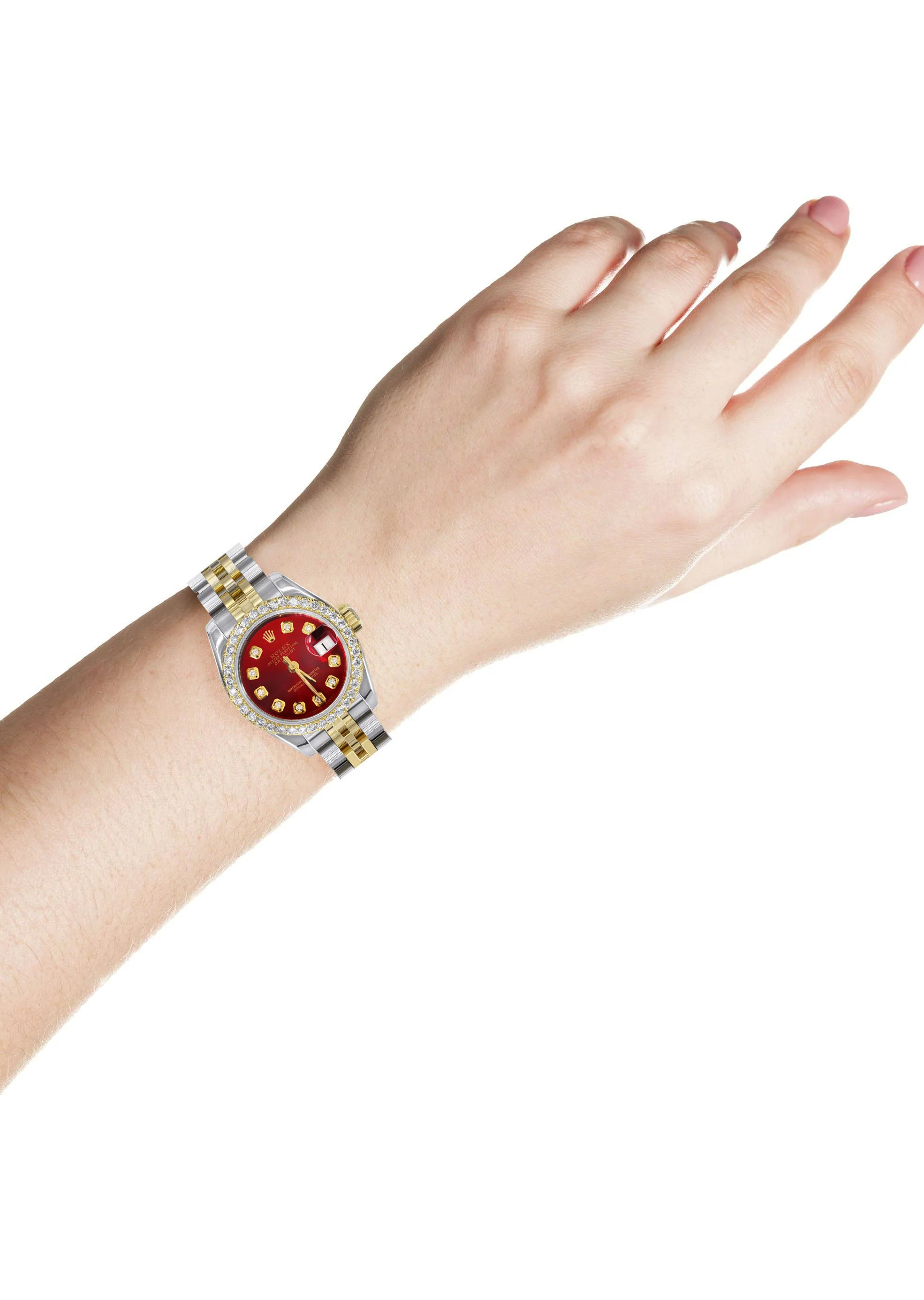 Womens Diamond Gold Hidden Clasp Rolex Watch | 1 Carat Bezel | 26Mm | Red Dial | Jubilee Band | Model 179173 - Image 3