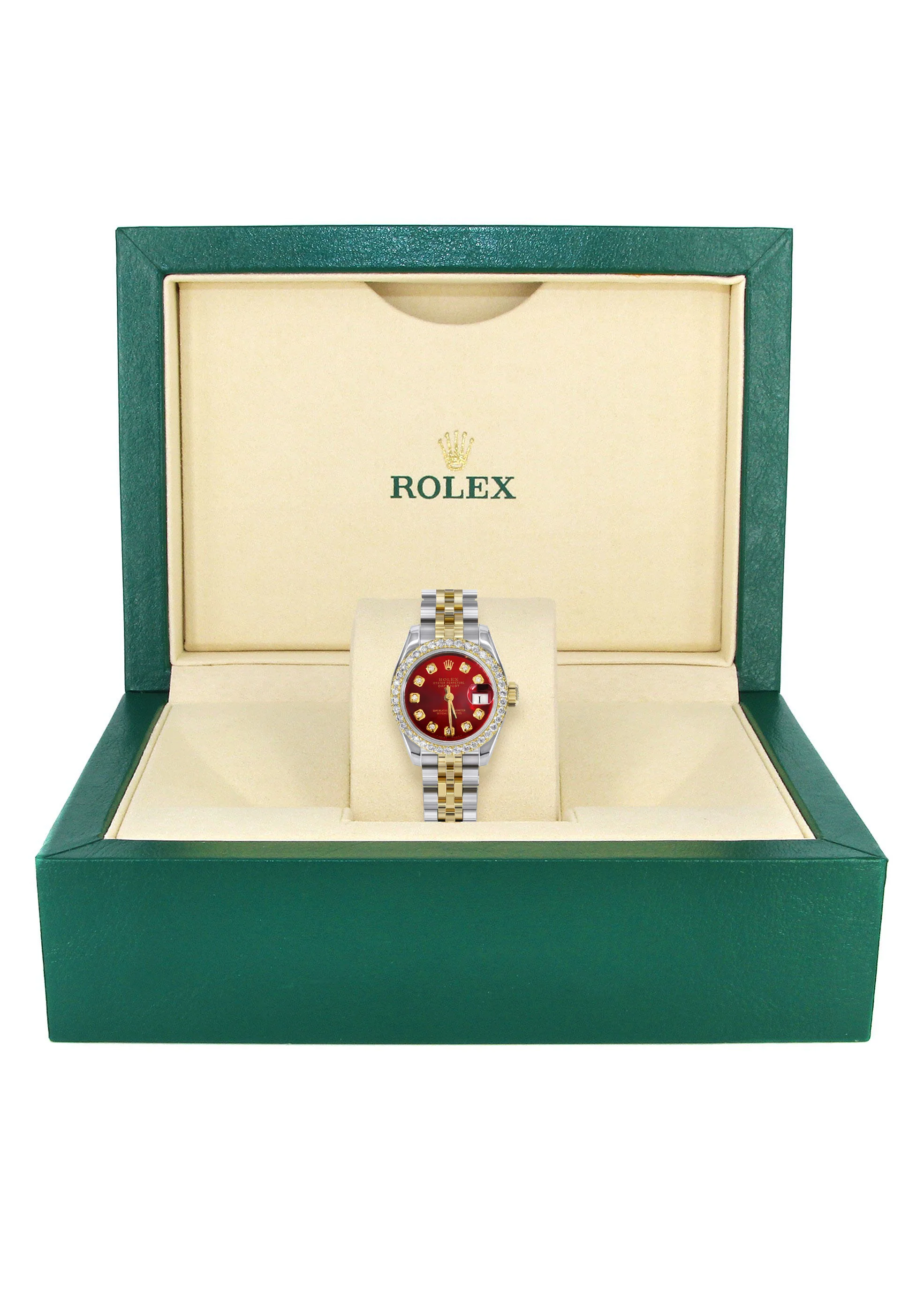 Womens Diamond Gold Hidden Clasp Rolex Watch | 1 Carat Bezel | 26Mm | Red Dial | Jubilee Band | Model 179173 - Image 4