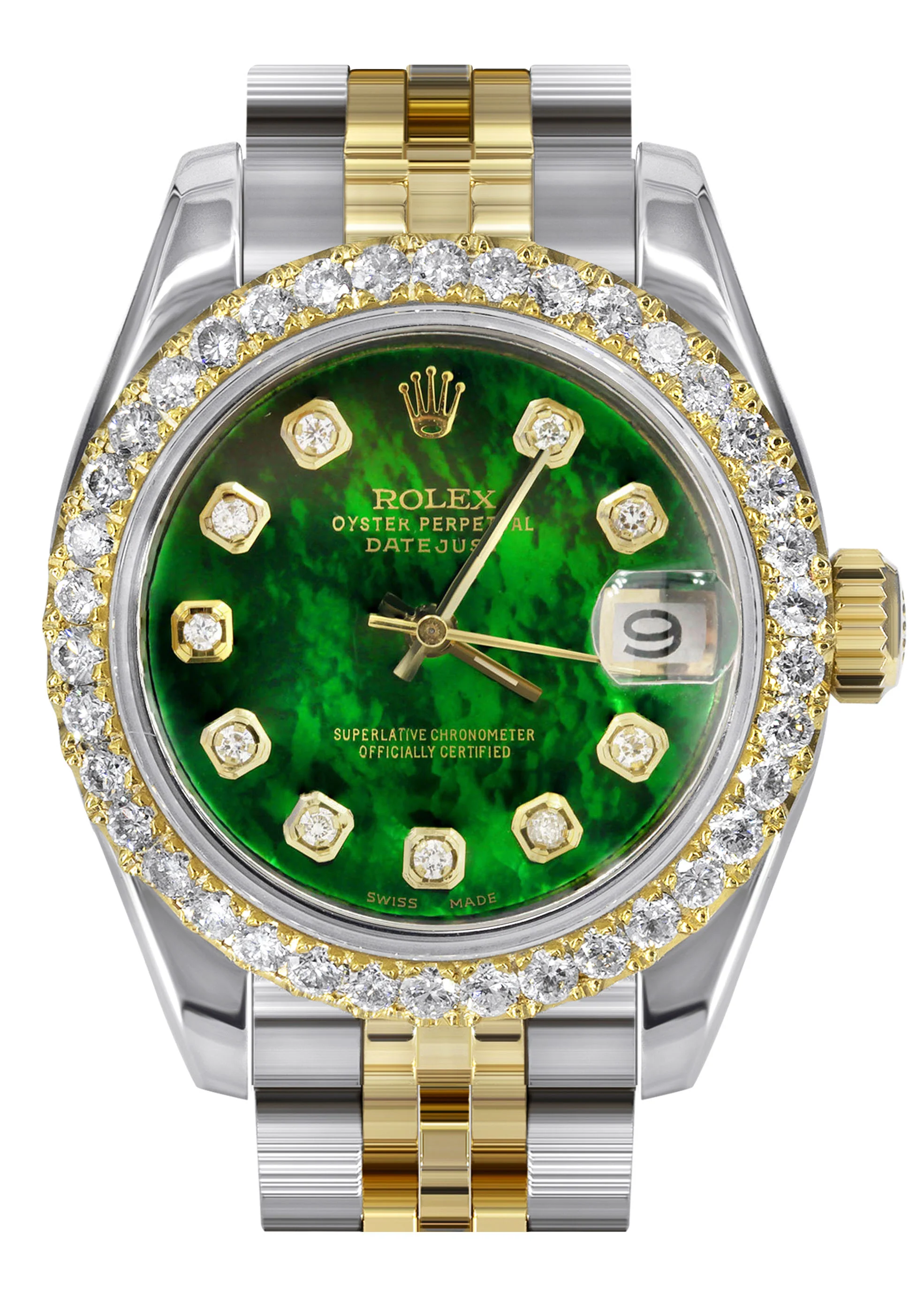 Womens Diamond Gold Hidden Clasp Rolex Watch | 1 Carat Bezel | 26Mm | Green Mother of Pearl Dial | Jubilee Band | Model 179173