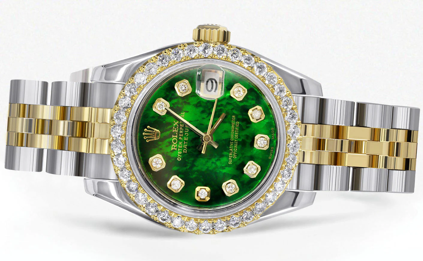 Womens Diamond Gold Hidden Clasp Rolex Watch | 1 Carat Bezel | 26Mm | Green Mother of Pearl Dial | Jubilee Band | Model 179173 - Image 2
