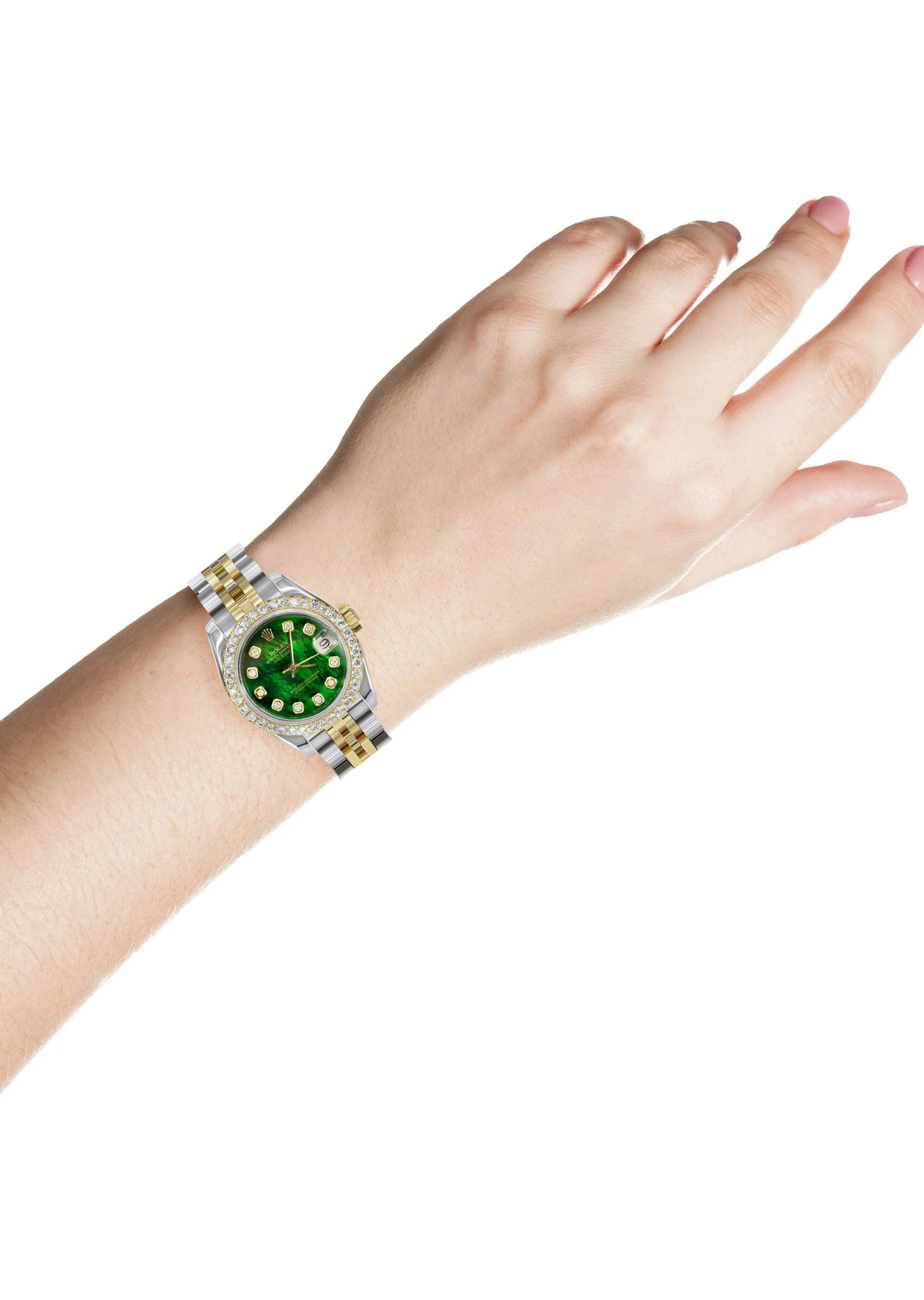 Womens Diamond Gold Hidden Clasp Rolex Watch | 1 Carat Bezel | 26Mm | Green Mother of Pearl Dial | Jubilee Band | Model 179173 - Image 3