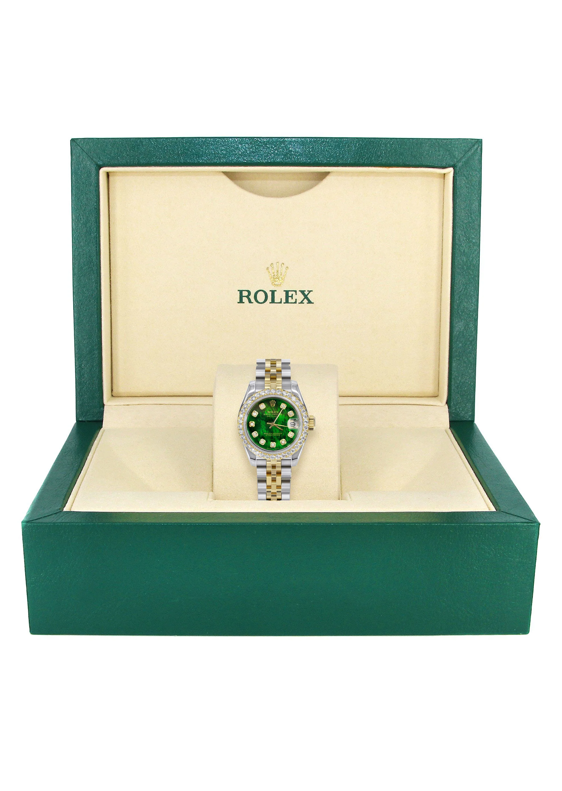 Womens Diamond Gold Hidden Clasp Rolex Watch | 1 Carat Bezel | 26Mm | Green Mother of Pearl Dial | Jubilee Band | Model 179173 - Image 4