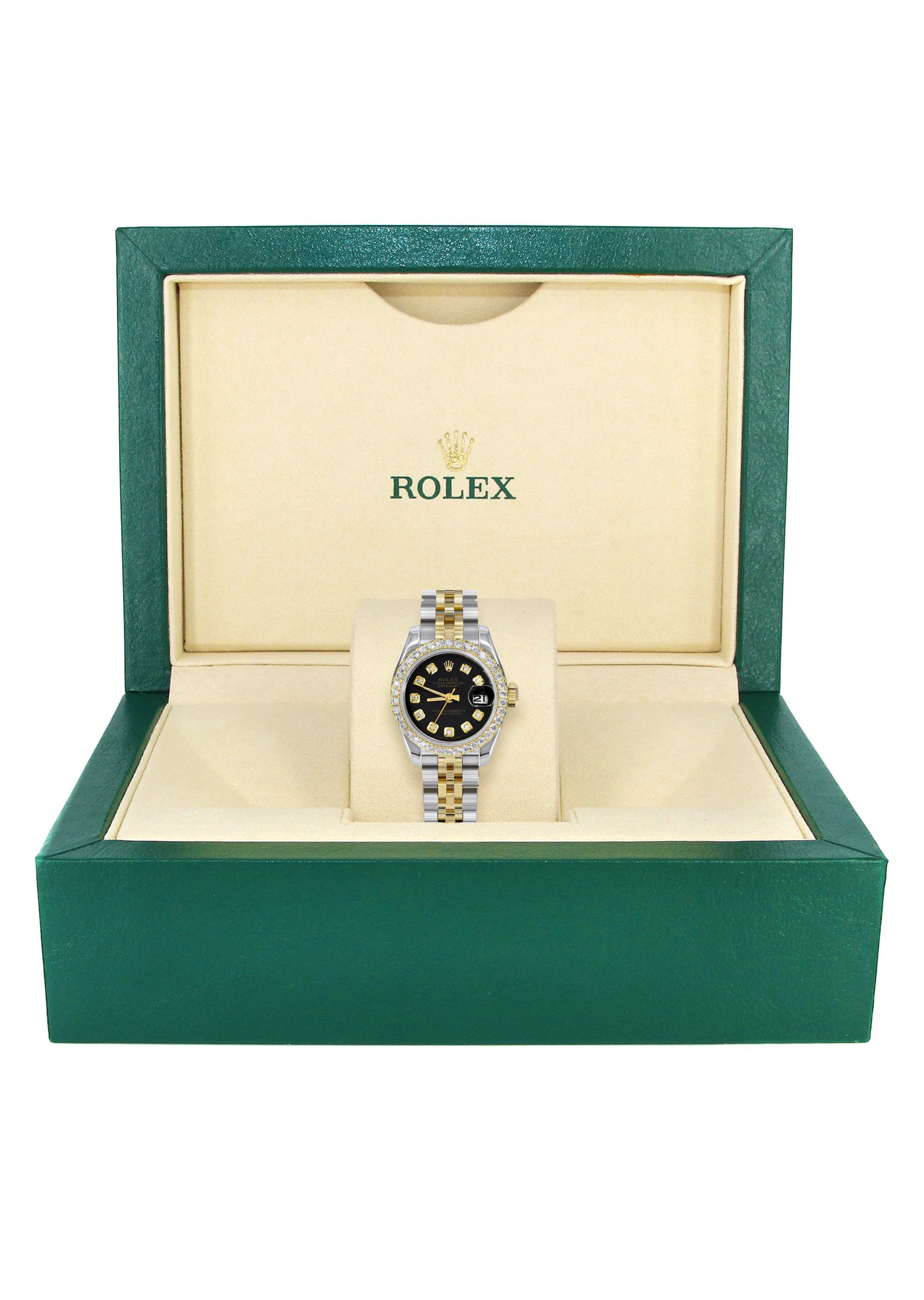Womens Diamond Gold Hidden Clasp Rolex Watch | 1 Carat Bezel | 26Mm | Black Dial | Jubilee Band | Model 179173 - Image 4