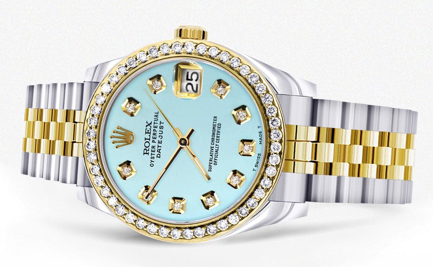 Diamond Gold Rolex Watch | Diamond Bezel | 31MM | Baby Blue Diamond Dial | Jubilee Band - Image 2