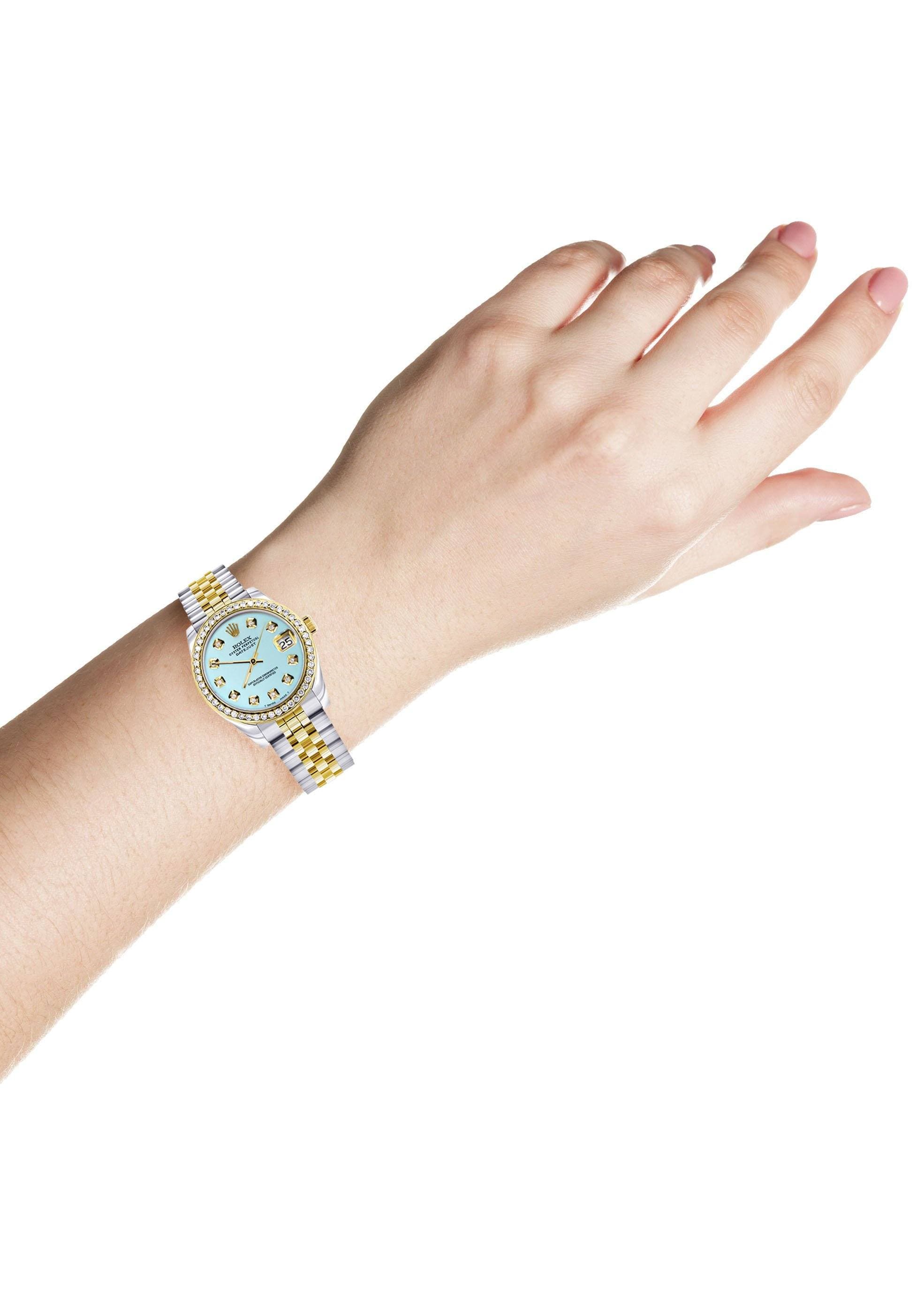 Diamond Gold Rolex Watch | Diamond Bezel | 31MM | Baby Blue Diamond Dial | Jubilee Band - Image 3