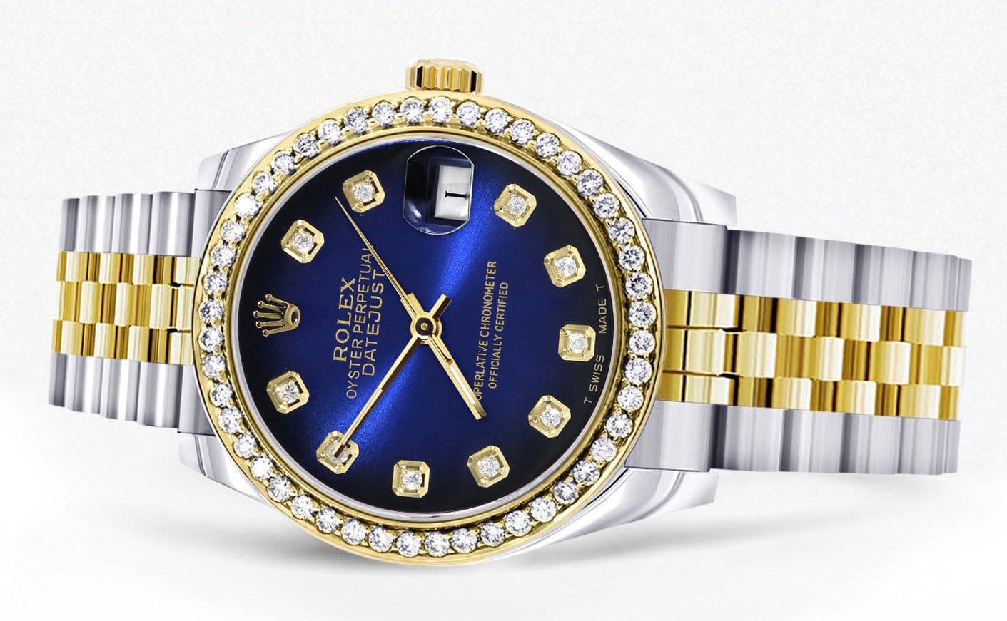Diamond Gold Rolex Watch | 68273 |Diamond Bezel | 31MM | Blue Black Dial | Jubilee Band - Image 5
