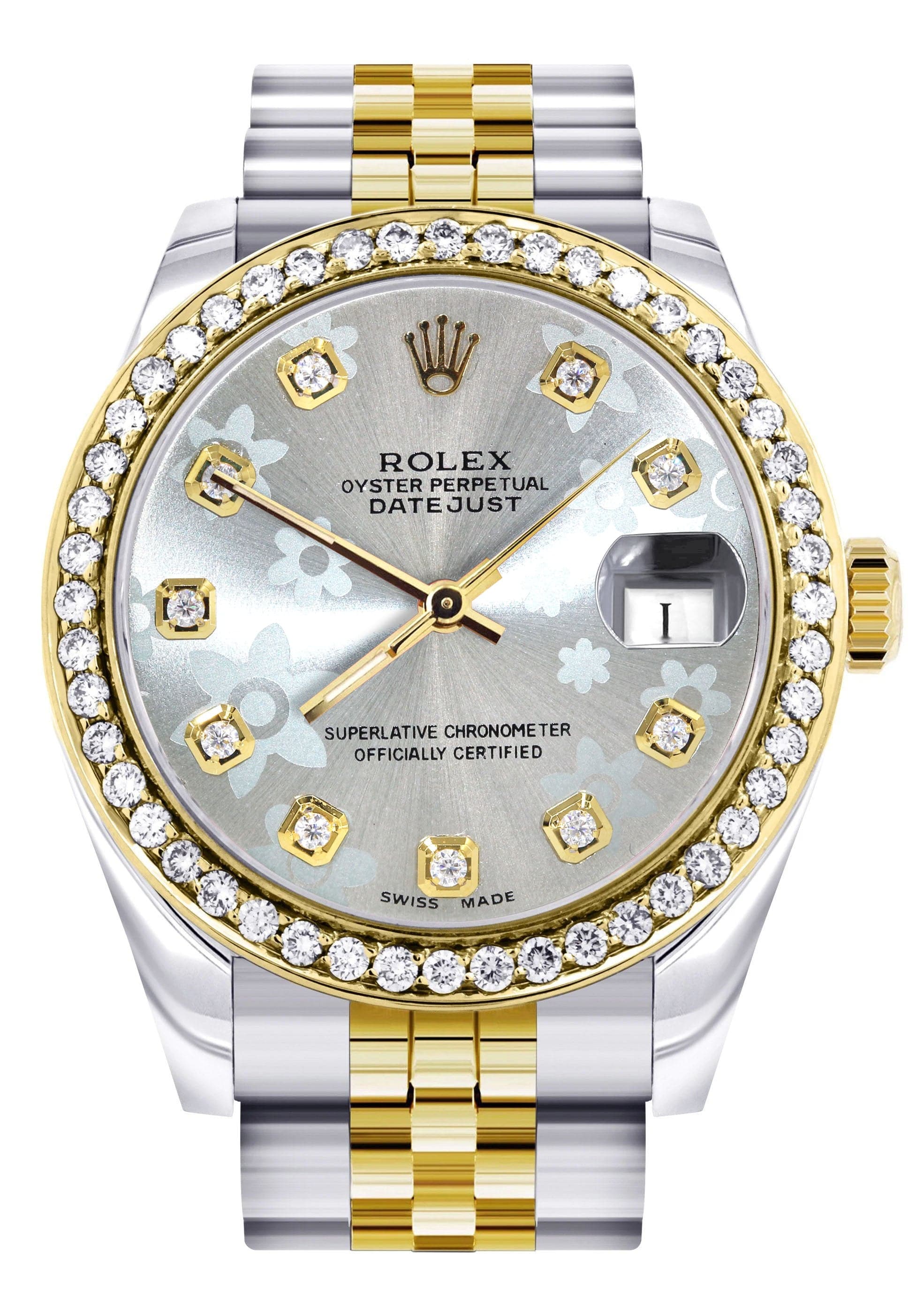 Diamond Gold Rolex Watch | 68273 |Diamond Bezel | 31MM | Floral Blue Diamond Dial | Jubilee Band