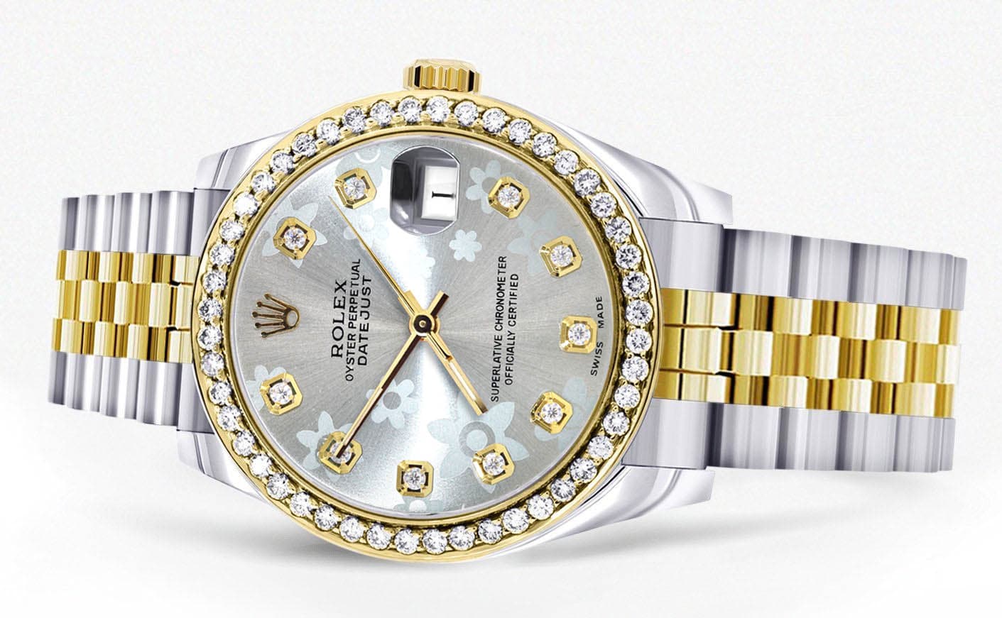 Diamond Gold Rolex Watch | 68273 |Diamond Bezel | 31MM | Floral Blue Diamond Dial | Jubilee Band - Image 2