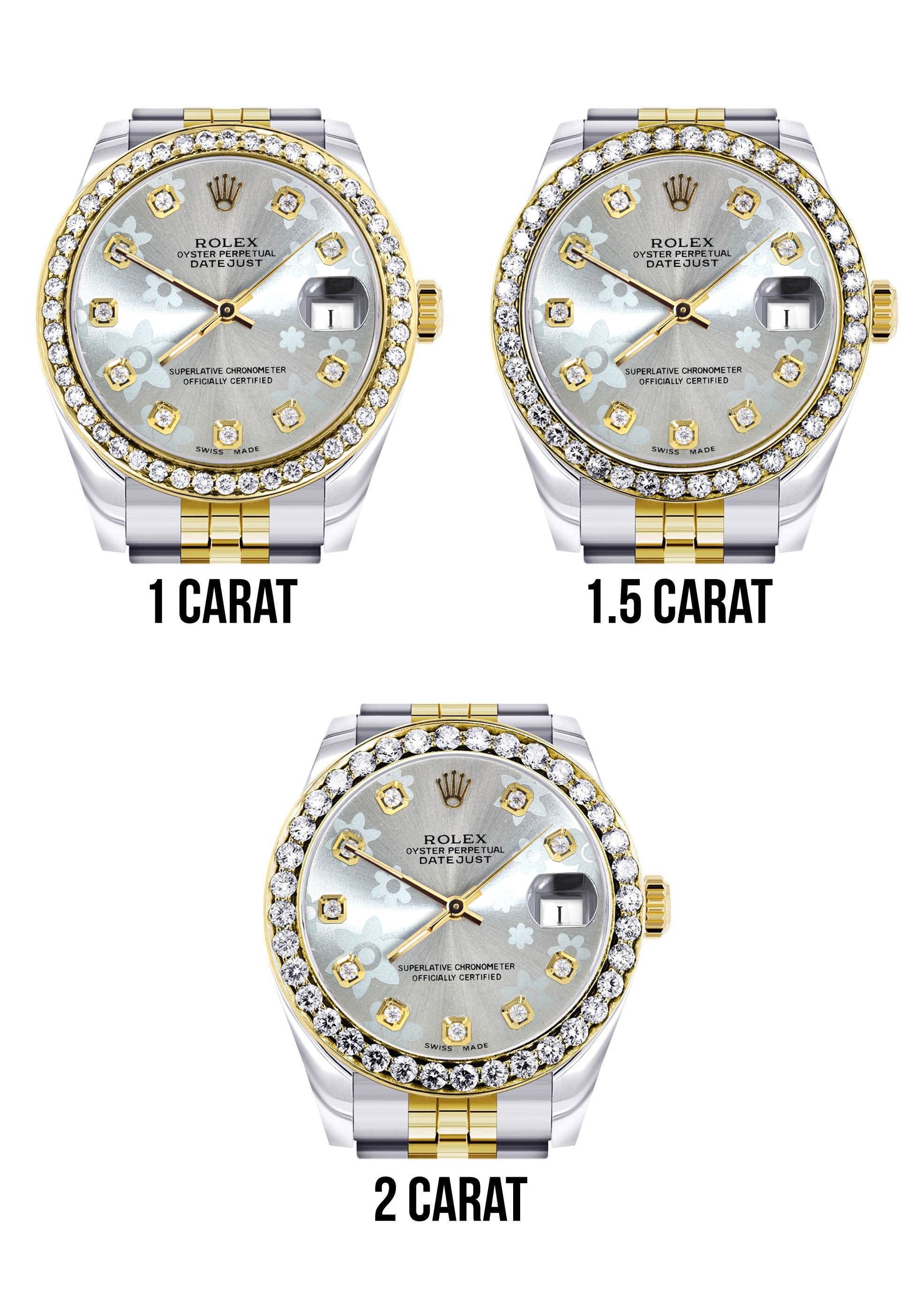 Diamond Gold Rolex Watch | 68273 |Diamond Bezel | 31MM | Floral Blue Diamond Dial | Jubilee Band - Image 5