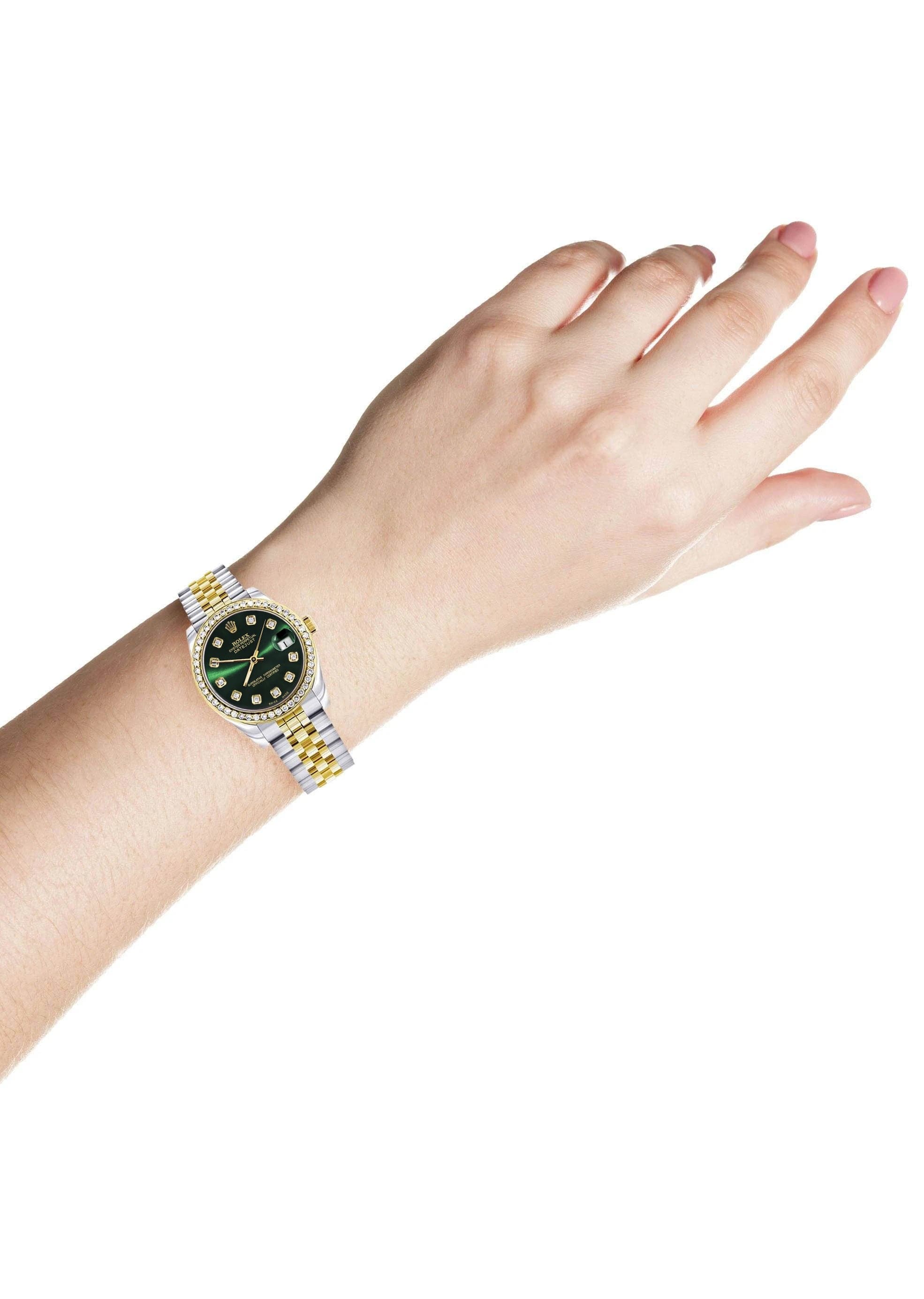 Diamond Gold Rolex Watch | 68273 |Diamond Bezel | 31MM | Green Dial | Jubilee Band - Image 2