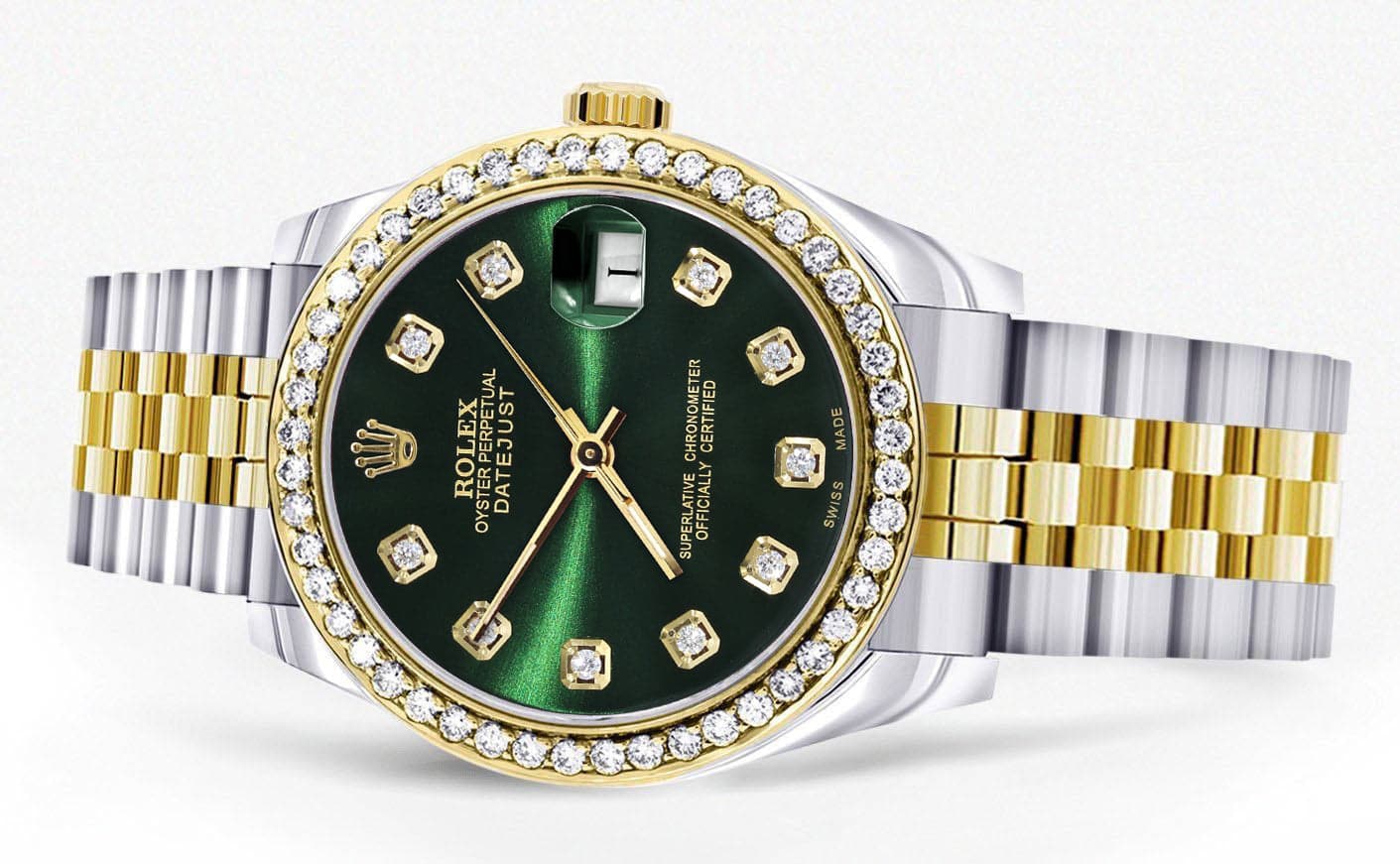 Diamond Gold Rolex Watch | 68273 |Diamond Bezel | 31MM | Green Dial | Jubilee Band - Image 5