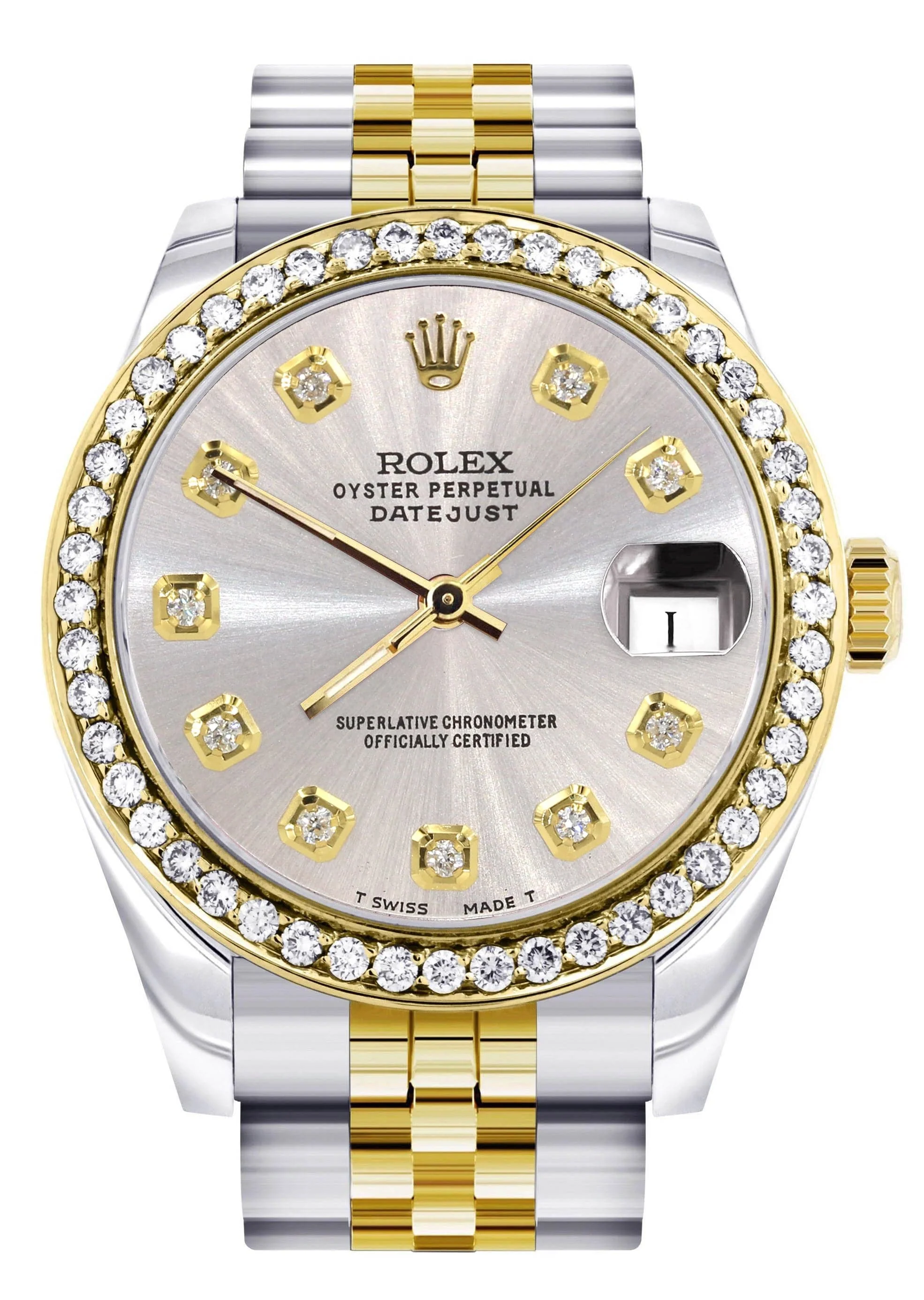 Diamond Gold Rolex Watch | 68273 | Diamond Bezel | 31MM | Grey Dial | Jubilee Band