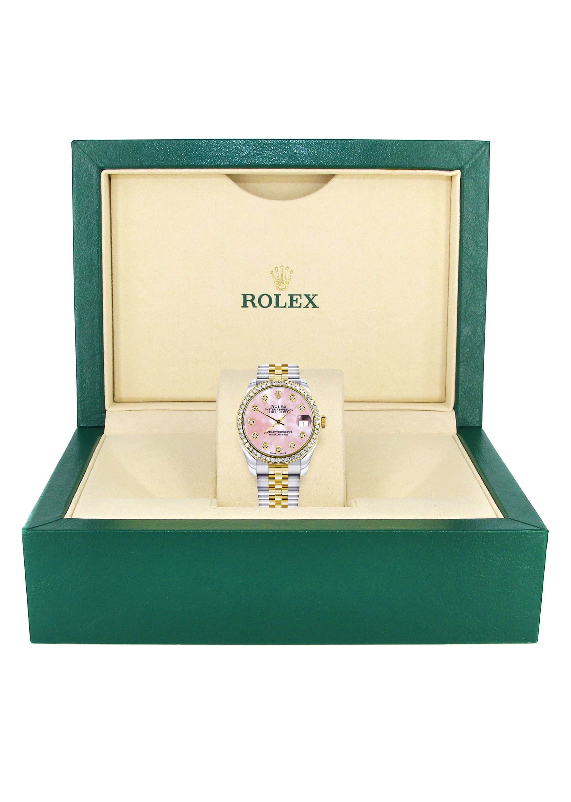 Diamond Gold Rolex Watch | 68273 | Diamond Bezel | 31MM | Pink Mother Of Pearl Dial | Jubilee Band - Image 4
