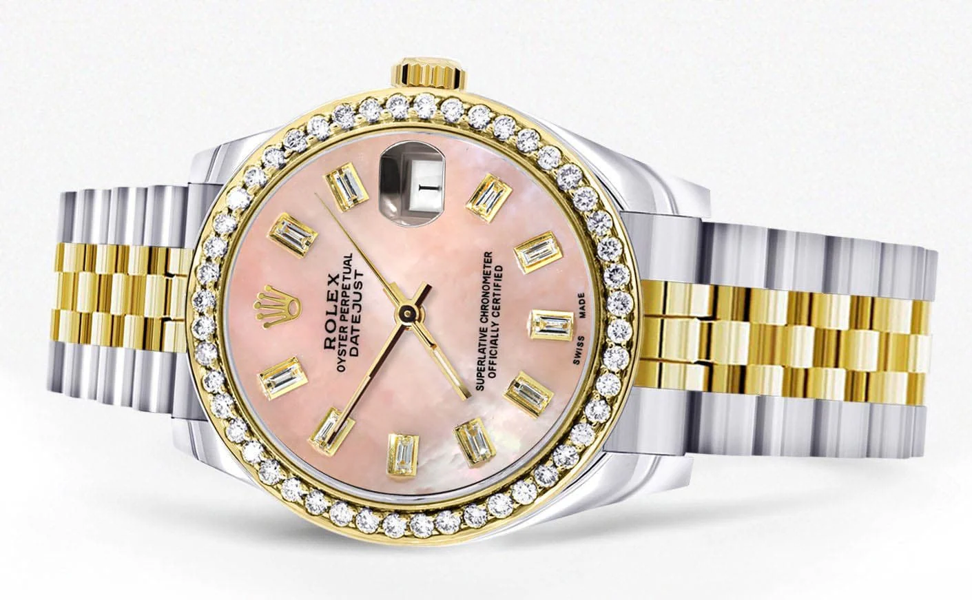 Diamond Gold Rolex Watch | 68273 | Diamond Bezel | 31MM | Pink Mother of Pearl Diamond Dial | Jubilee Band - Image 2