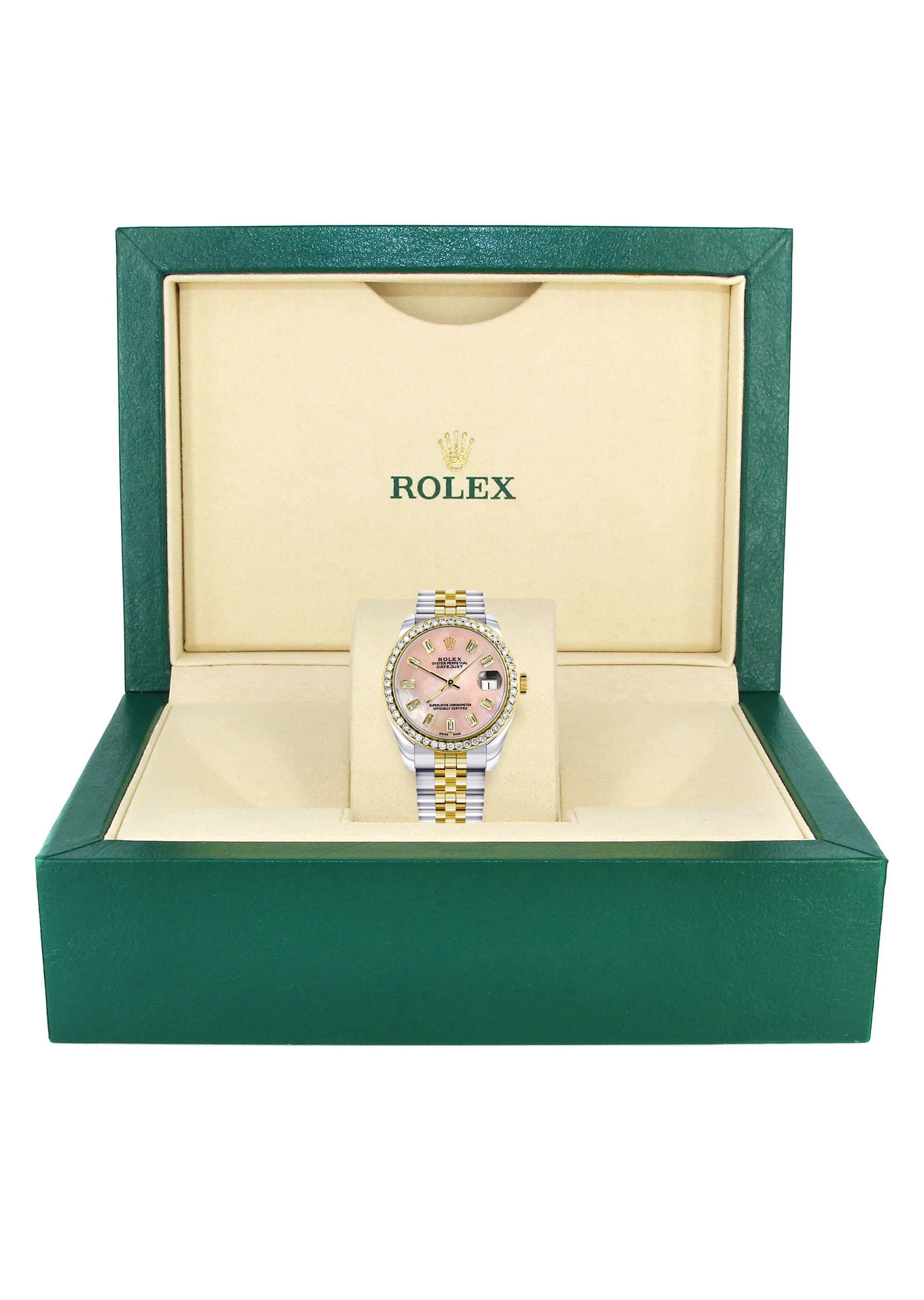 Diamond Gold Rolex Watch | 68273 | Diamond Bezel | 31MM | Pink Mother of Pearl Diamond Dial | Jubilee Band - Image 4