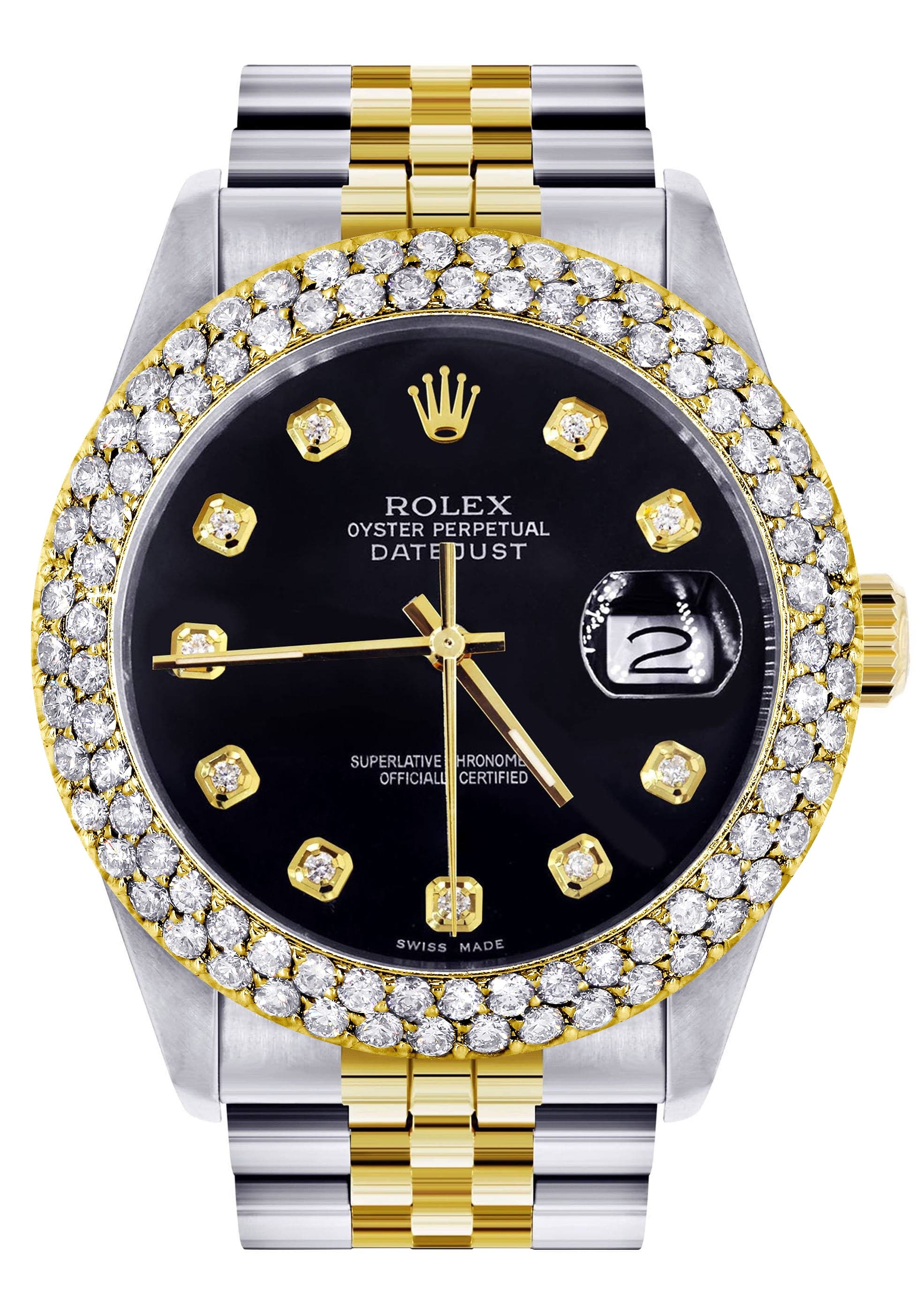 Diamond Gold Rolex Watch For Men 16233 | 36Mm | Black Dial | Two Row 4.25 Carat Bezel | Jubilee Band