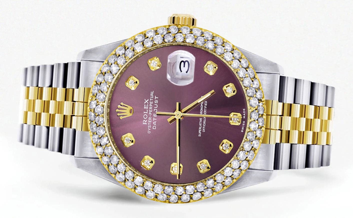 Diamond Gold Rolex Watch For Men 16233 | 36Mm | Custom Purple Dial | Two Row 4.25 Carat Bezel | Jubilee Band - Image 2