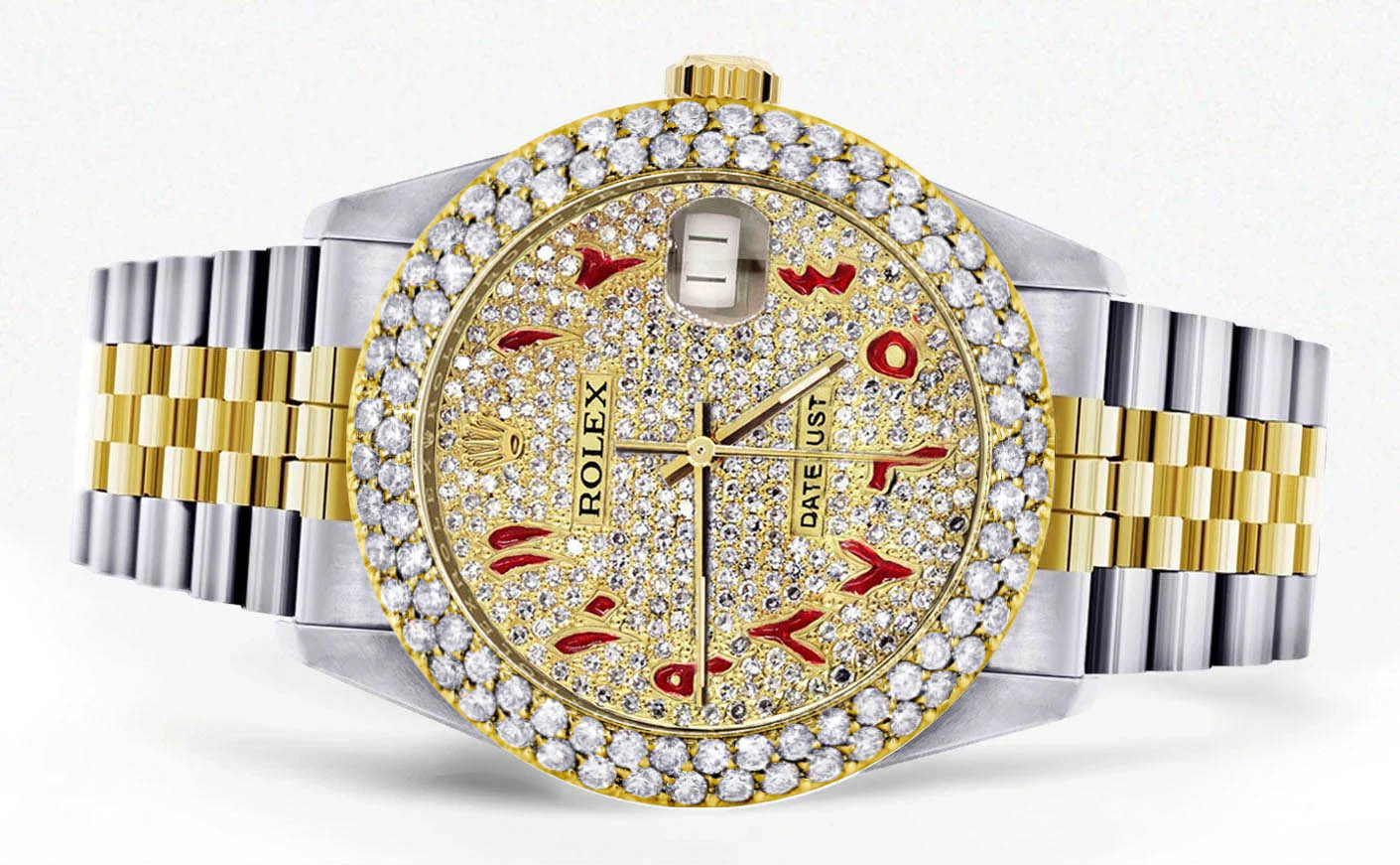 Diamond Gold Rolex Watch For Men 16233 | 36Mm | Custom Red Arabic Full Diamond Dial | Two Row 4.25 Carat Bezel | Jubilee Band - Image 2