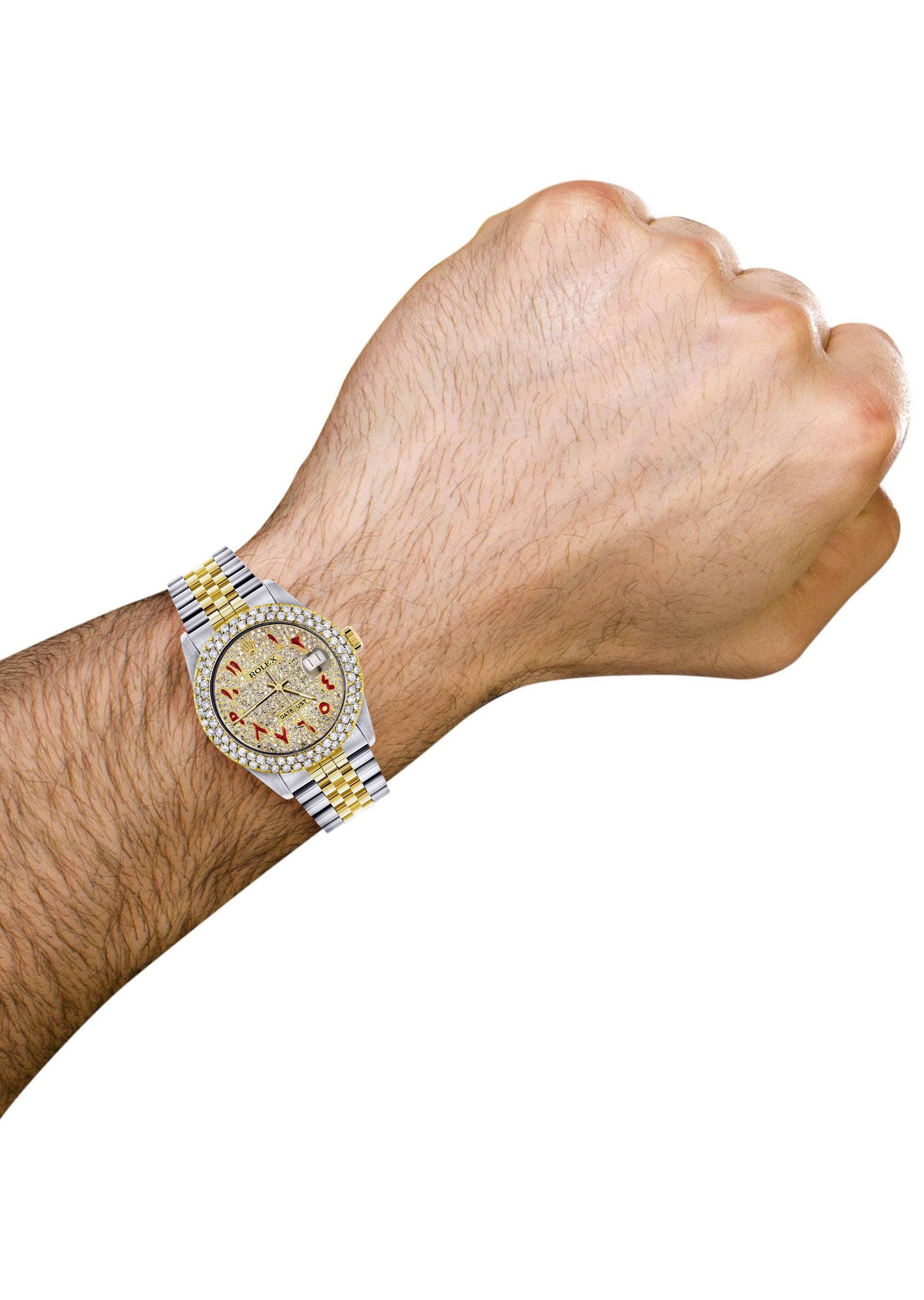 Diamond Gold Rolex Watch For Men 16233 | 36Mm | Custom Red Arabic Full Diamond Dial | Two Row 4.25 Carat Bezel | Jubilee Band - Image 5