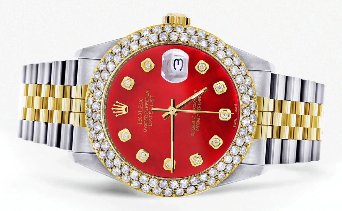 Diamond Gold Rolex Watch For Men 16233 | 36Mm | Custom Red Dial | Two Row 4.25 Carat Bezel | Jubilee Band - Image 2