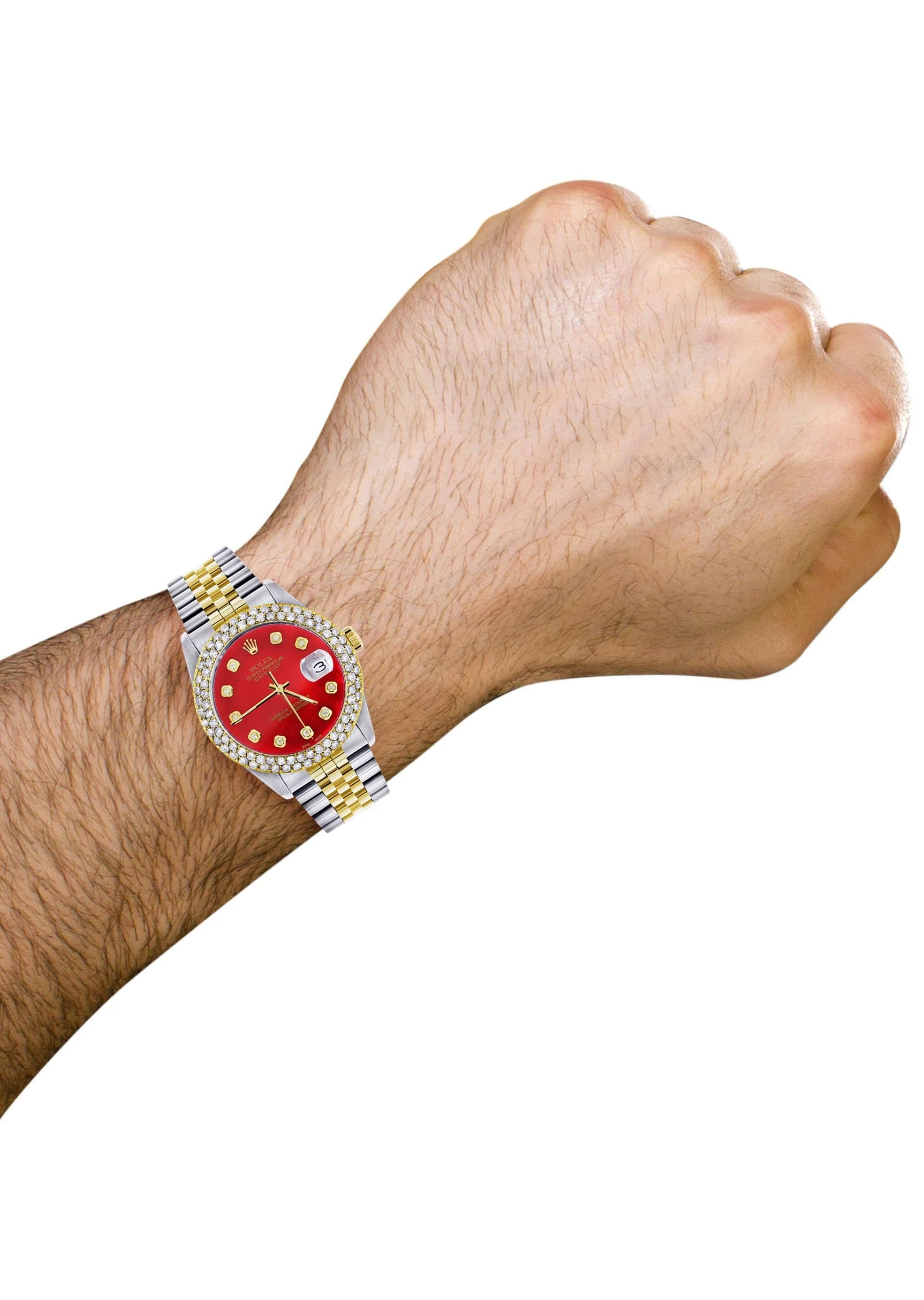 Diamond Gold Rolex Watch For Men 16233 | 36Mm | Custom Red Dial | Two Row 4.25 Carat Bezel | Jubilee Band - Image 5