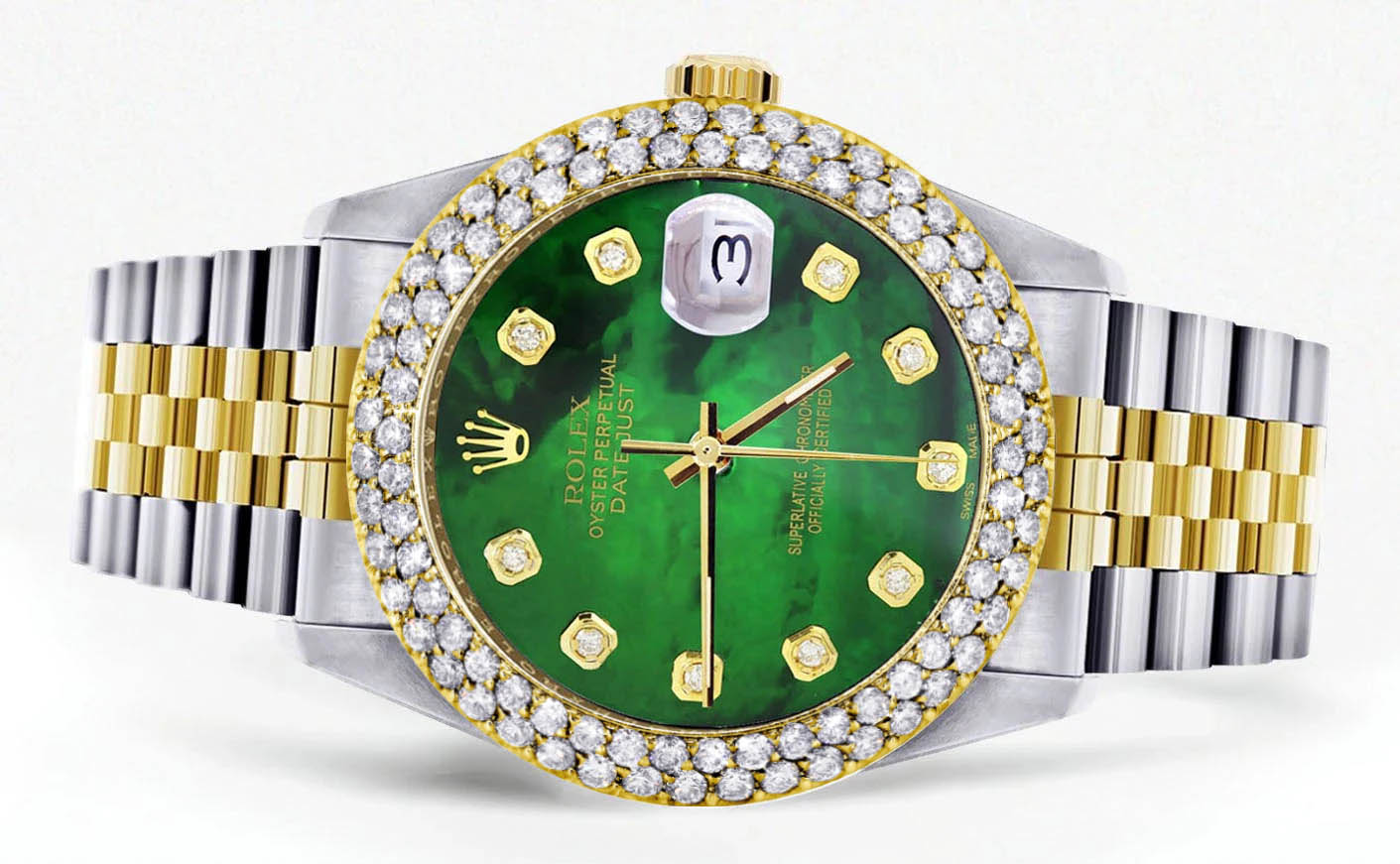 Diamond Gold Rolex Watch For Men 16233 | 36Mm | Green Mother of Pearl Dial | Two Row 4.25 Carat Bezel | Jubilee Band - Image 2