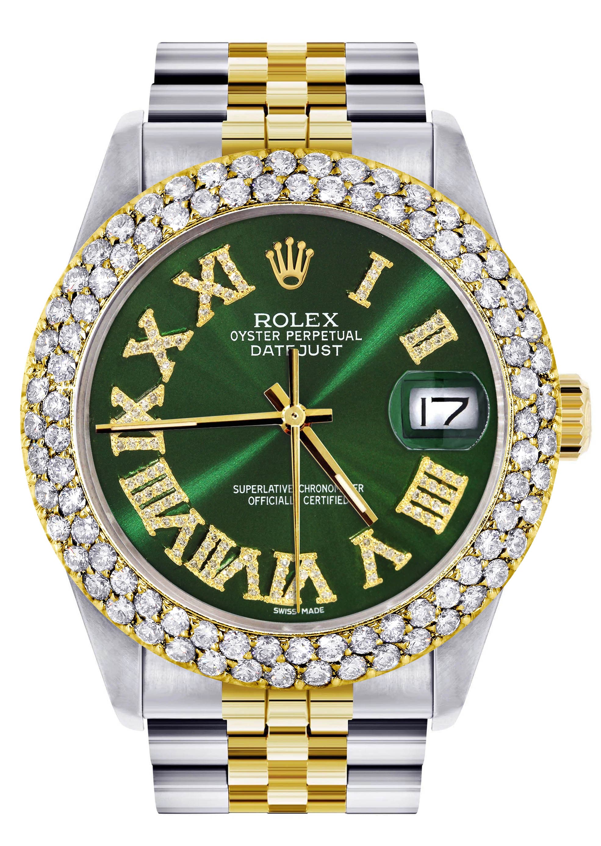 Diamond Gold Rolex Watch For Men 16233 | 36Mm | Green Roman Numeral Dial | Two Row 4.25 Carat Bezel | Jubilee Band