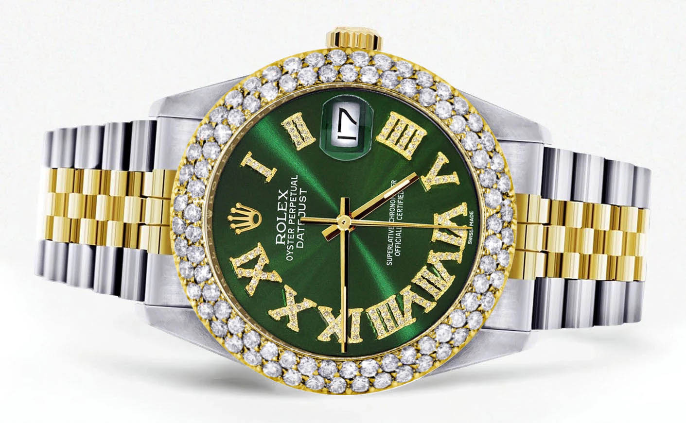 Diamond Gold Rolex Watch For Men 16233 | 36Mm | Green Roman Numeral Dial | Two Row 4.25 Carat Bezel | Jubilee Band - Image 2