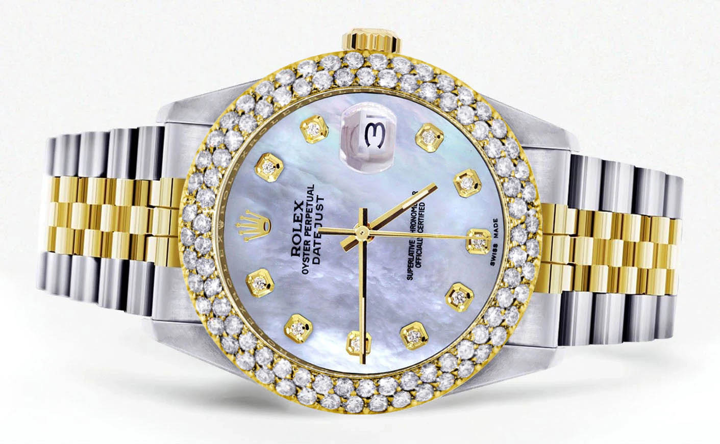 Diamond Gold Rolex Watch For Men 16233 | 36Mm | Mother of Pearl Dial | Two Row 4.25 Carat Bezel | Jubilee Band - Image 2