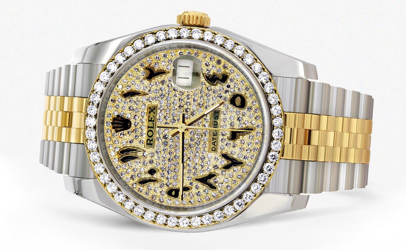 116233 | Hidden Clasp | Diamond Gold Rolex Watch For Men | 36Mm | Black Arabic Full Diamond Dial | Jubilee Band - Image 2