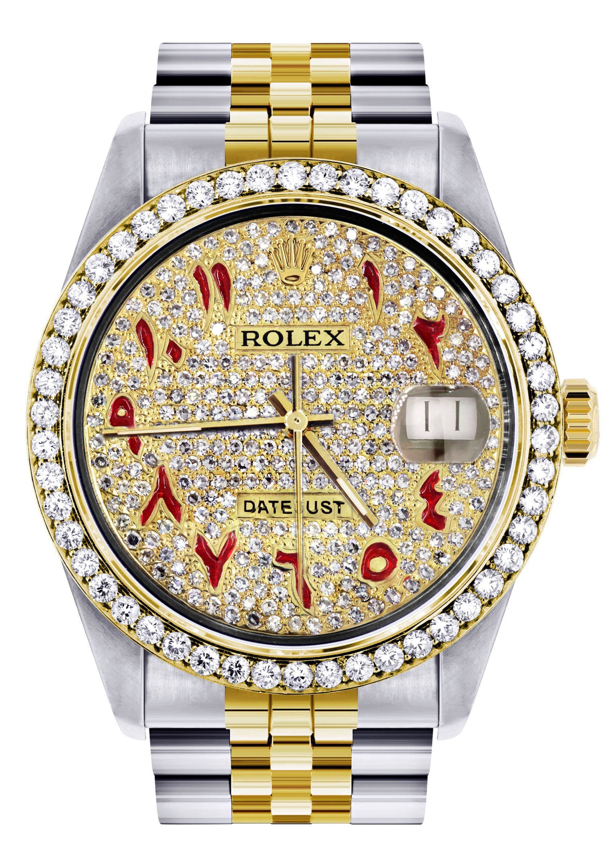 Diamond Gold Rolex Watch For Men 16233 | 36Mm | Custom Red Arabic Full Diamond Dial | Jubilee Band