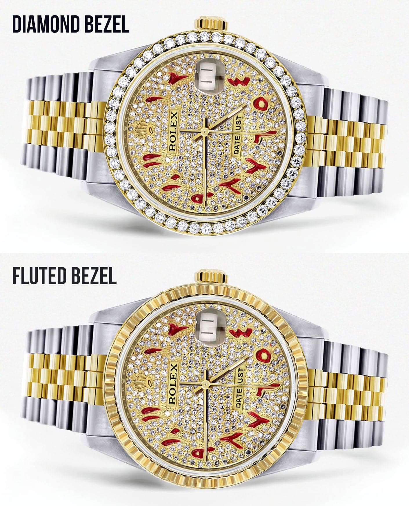 Diamond Gold Rolex Watch For Men 16233 | 36Mm | Custom Red Arabic Full Diamond Dial | Jubilee Band - Image 2
