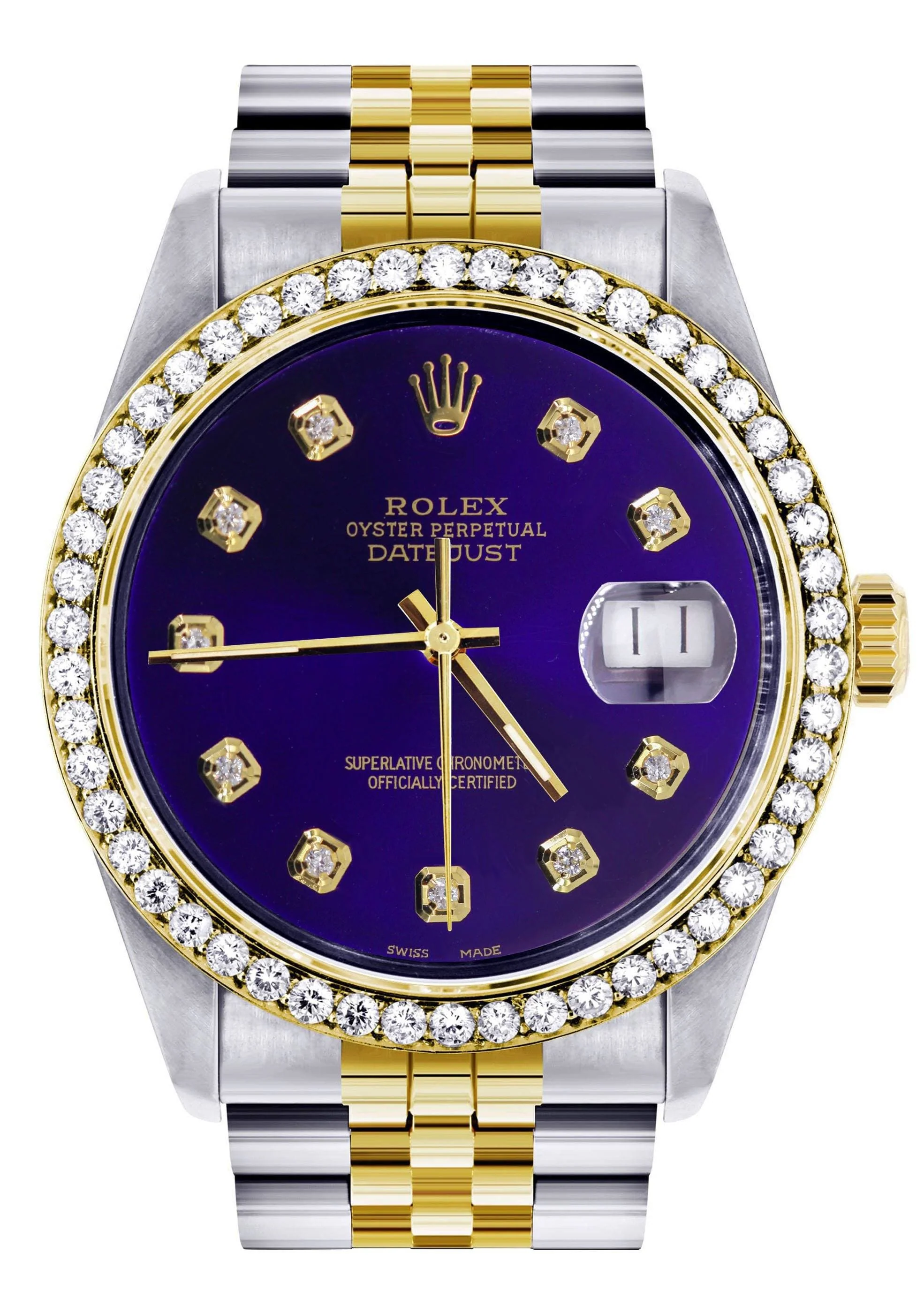 Diamond Gold Rolex Watch For Men 16233 | 36Mm | Royal Blue Dial | Jubilee Band