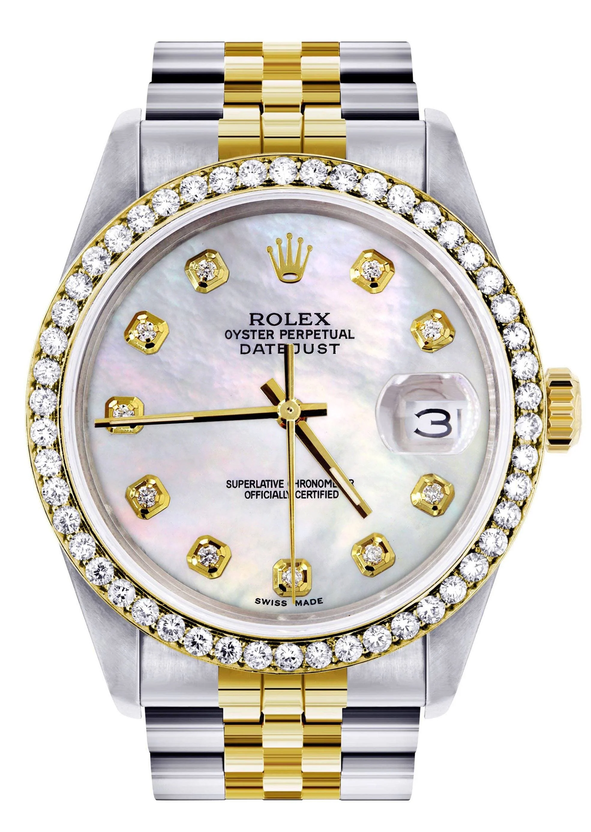 Diamond Gold Rolex Watch For Men 16233 | 36Mm | White Mother Of Pearl  | Jubilee Band