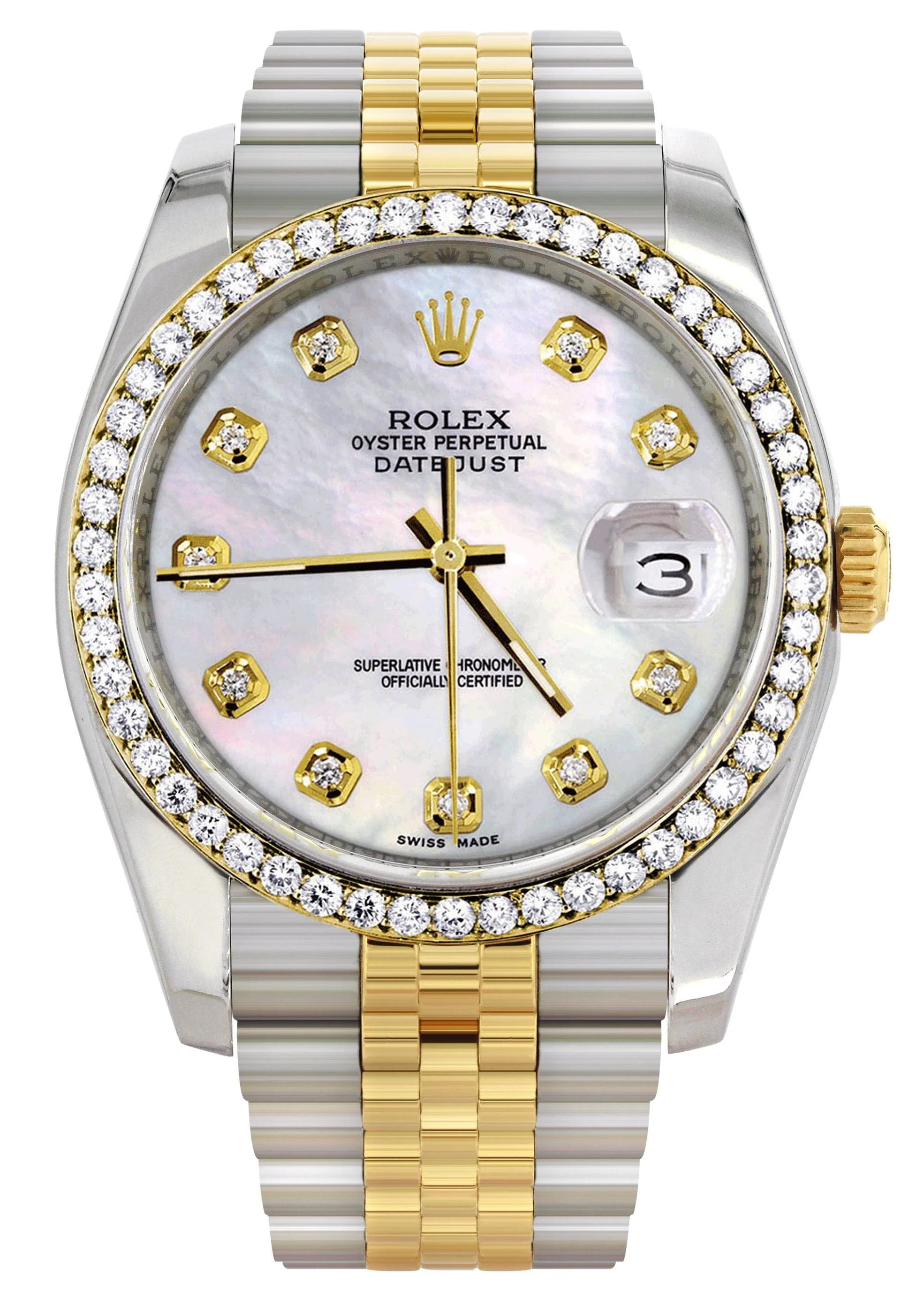 116233 | Hidden Clasp | Diamond Gold Rolex Watch For Men | 36Mm | White Mother Of Pearl  | Jubilee Band