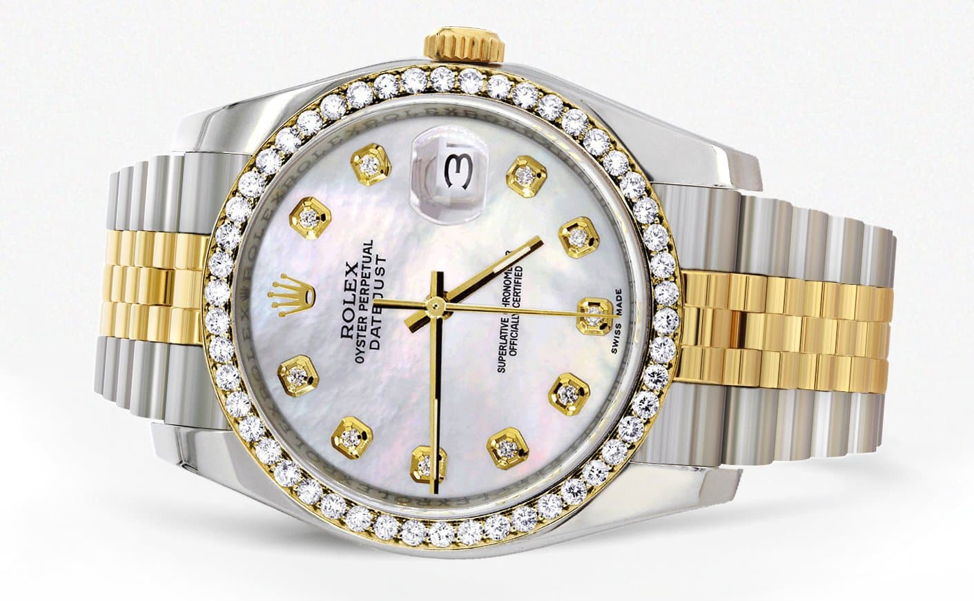 116233 | Hidden Clasp | Diamond Gold Rolex Watch For Men | 36Mm | White Mother Of Pearl  | Jubilee Band - Image 2